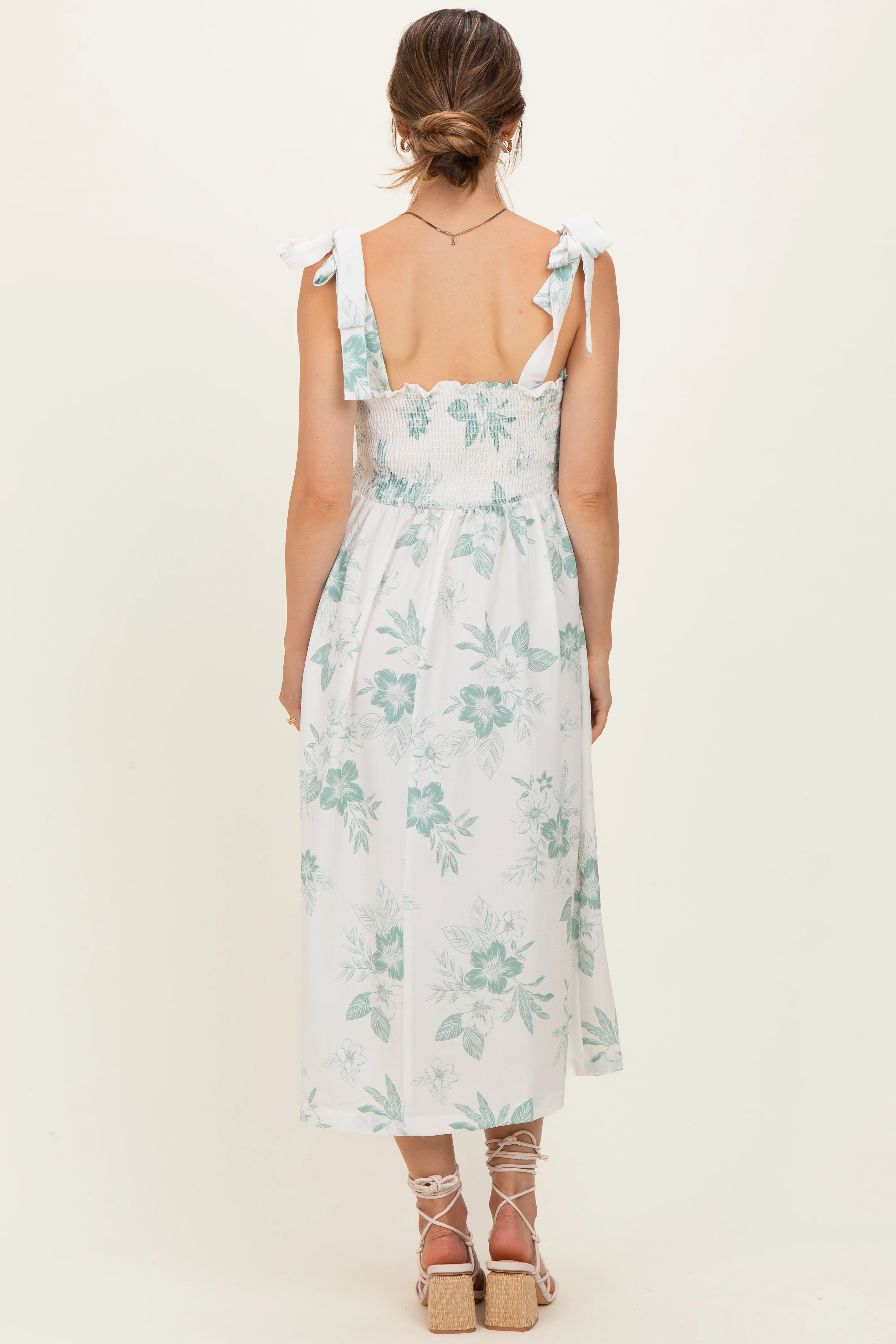 Sage Floral Smocked Maternity Midi Dress - Image 3