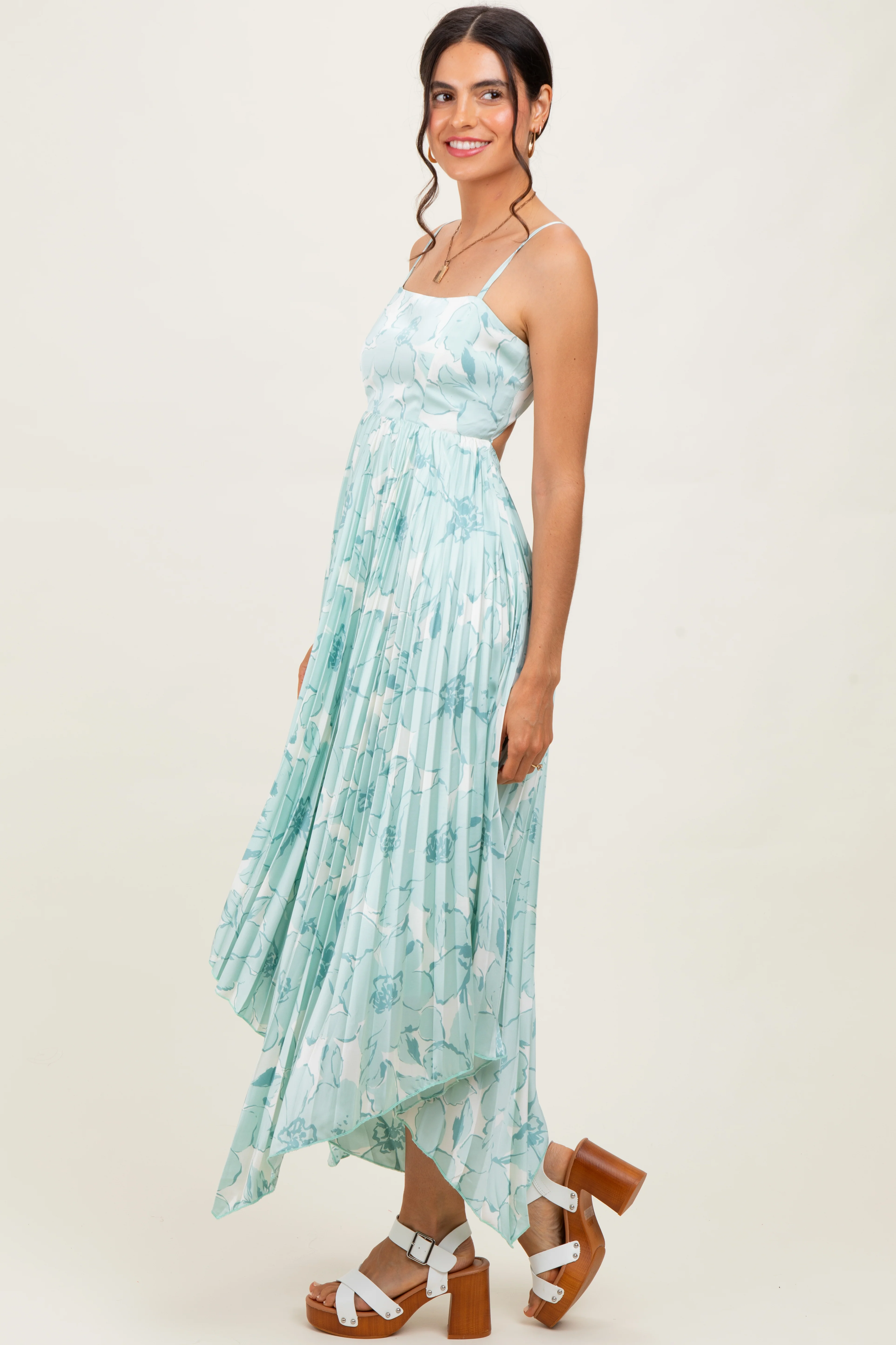 Sage Floral Woven Pleat Skirt Maternity Maxi Dress - Image 3
