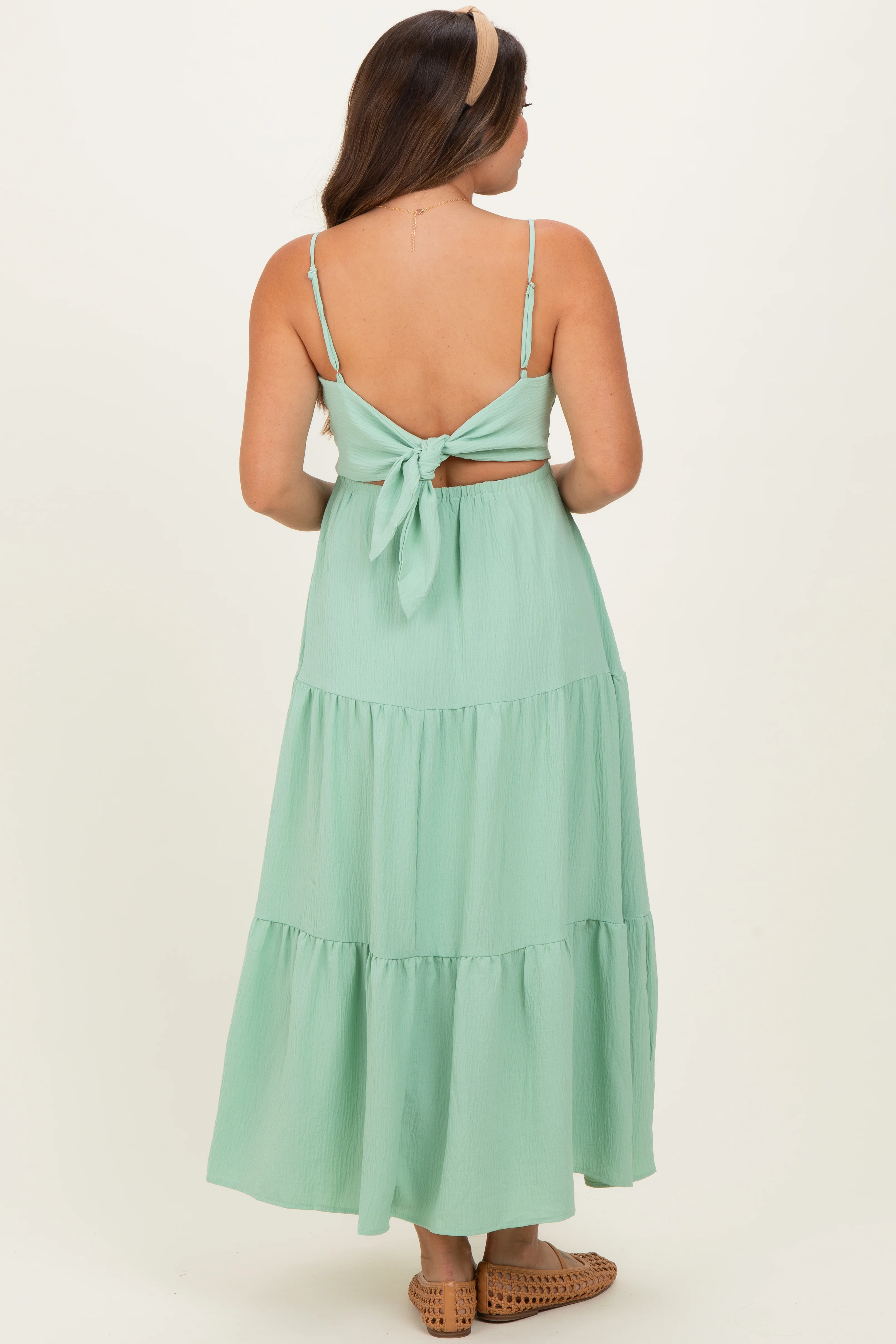 Sage Green Tiered Cutout Tie Back Maternity Midi Dress - Image 4