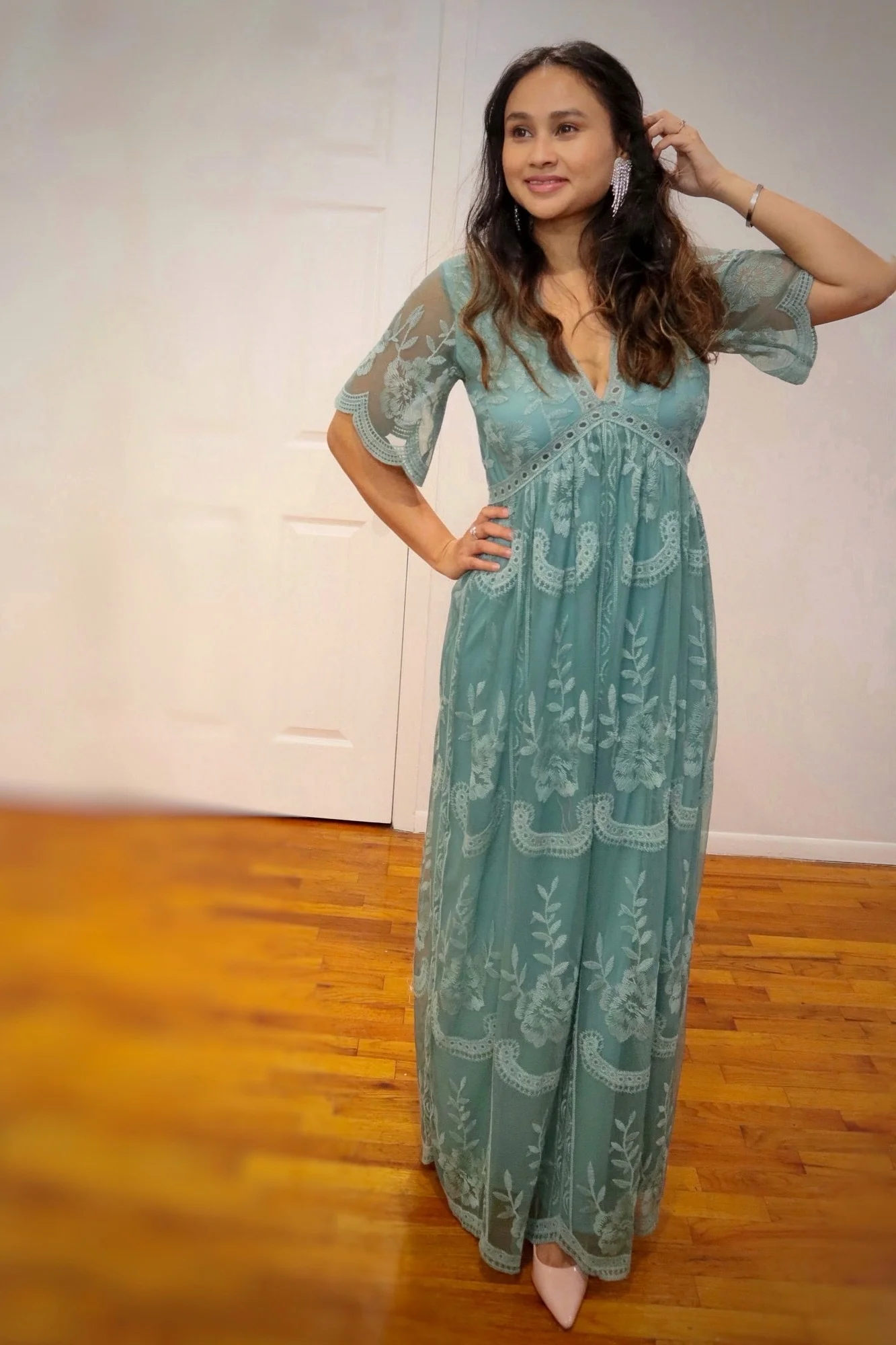 Sage Lace Mesh Overlay Maxi Dress - Image 5