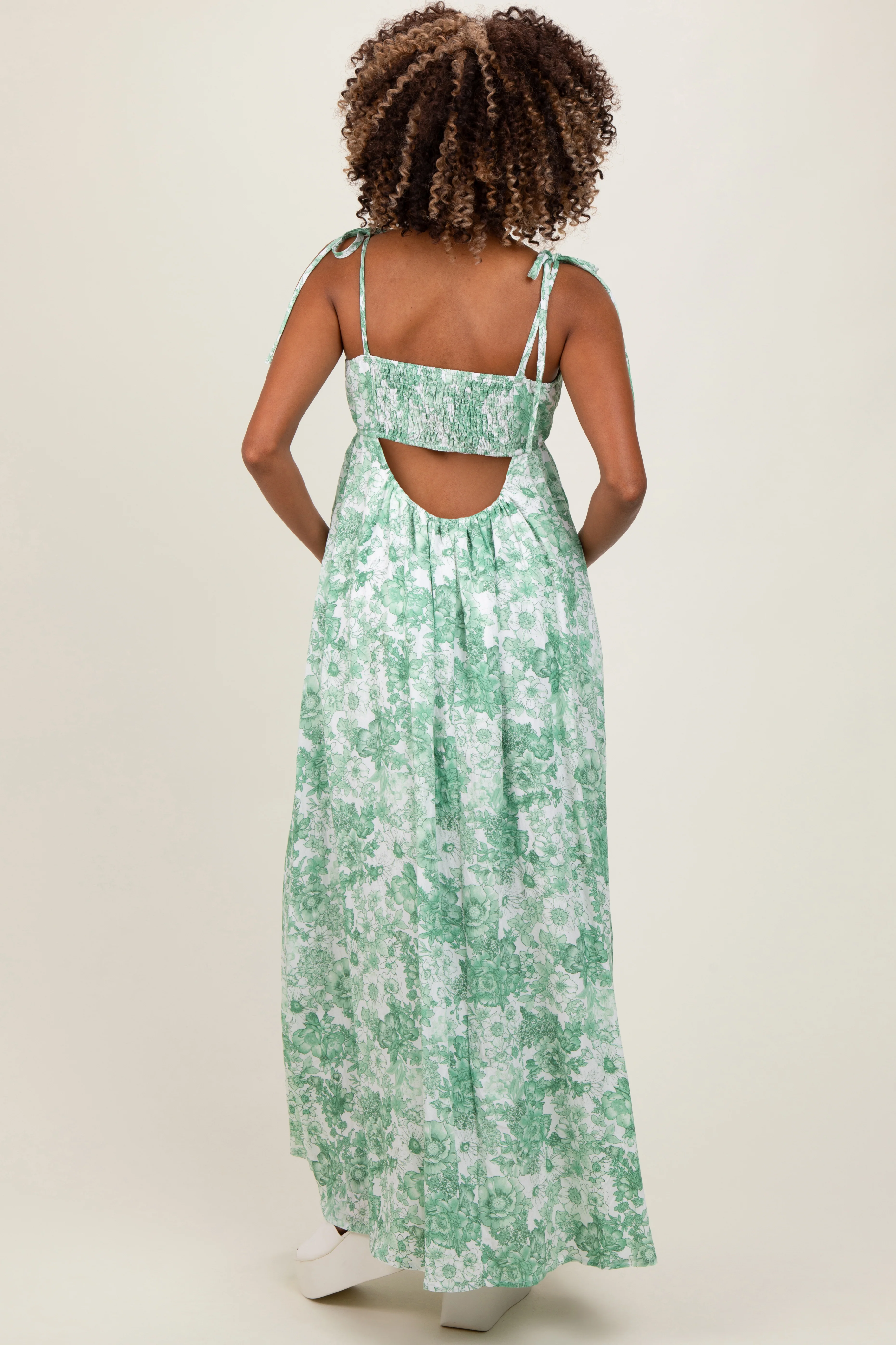 Sage Leaf Print Sleeveless Open Back Smocked Maternity Maxi Dress - Image 4