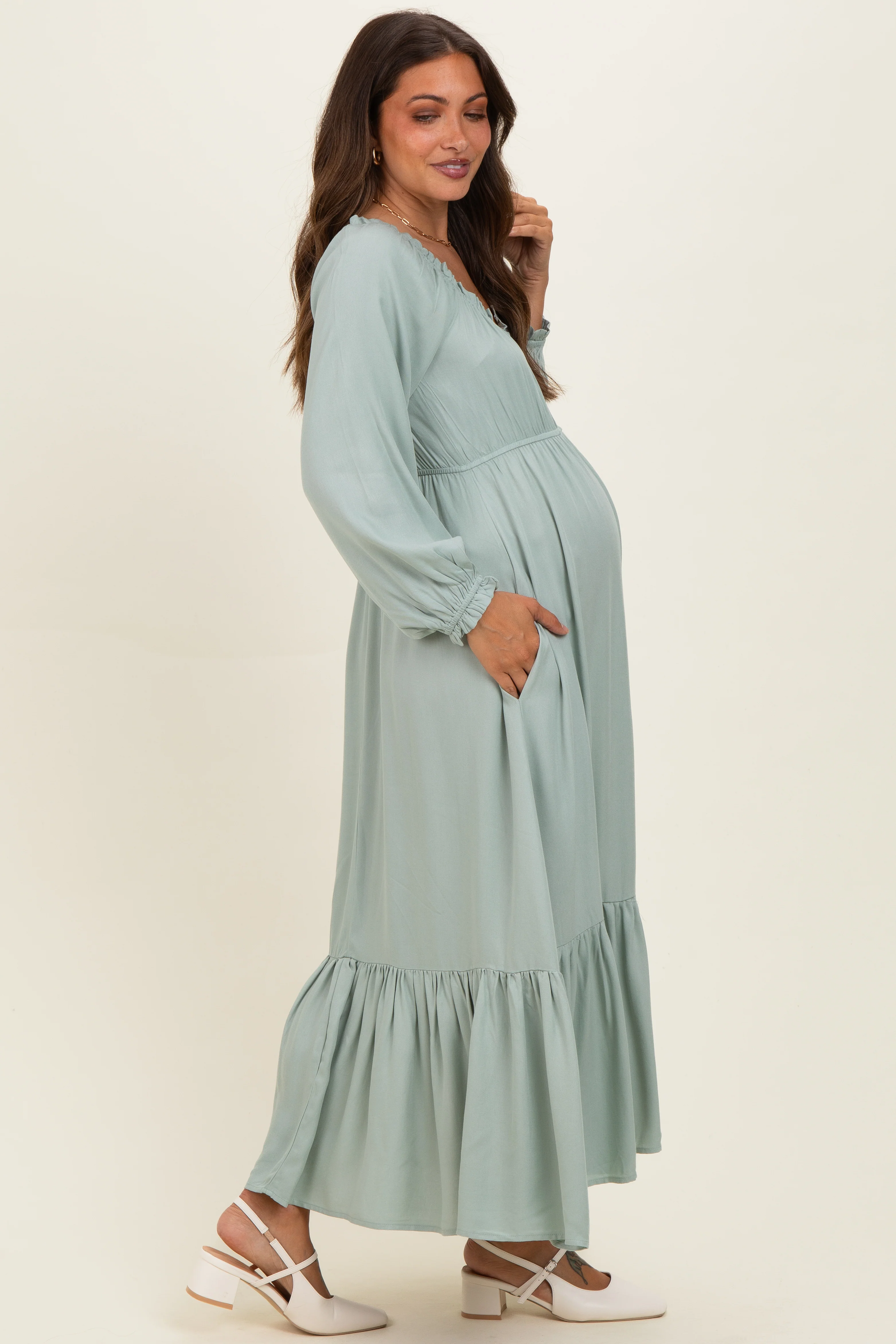 Sage Off Shoulder Button Accent Maternity Maxi Dress - Image 3