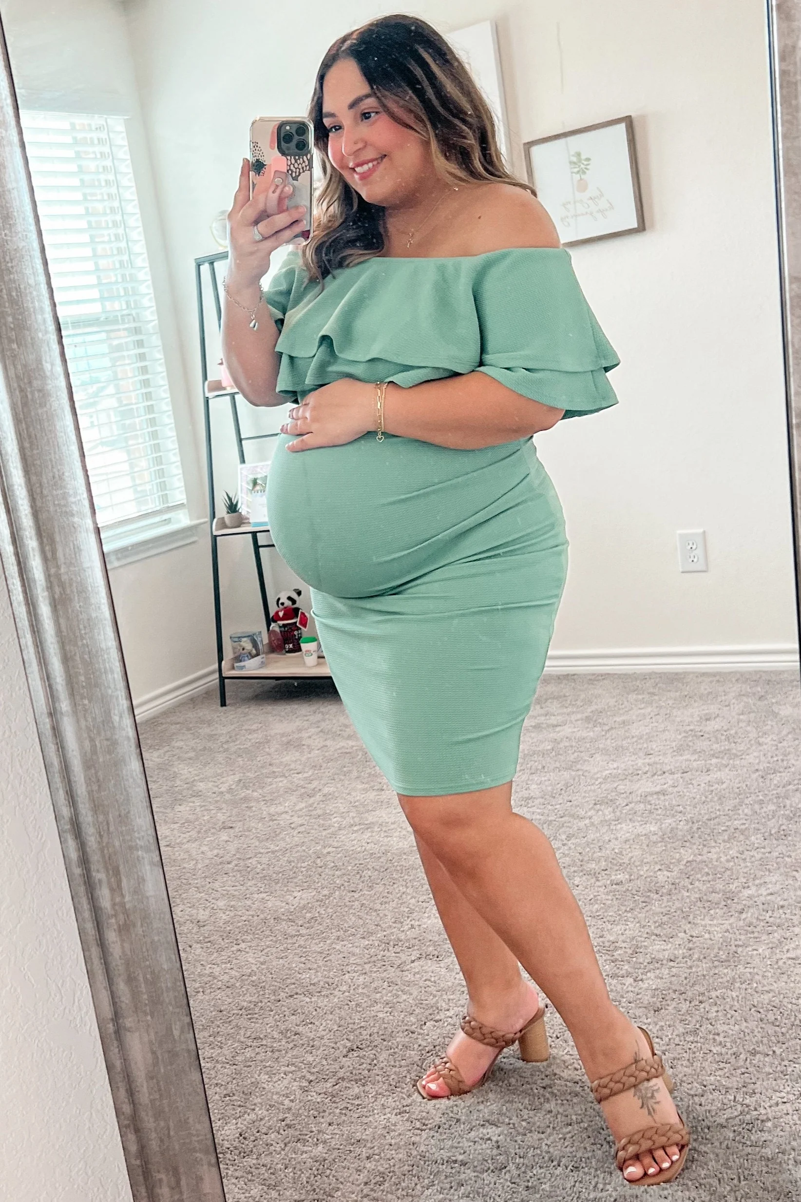 Sage Off Shoulder Fitted Maternity Dress - Image 10