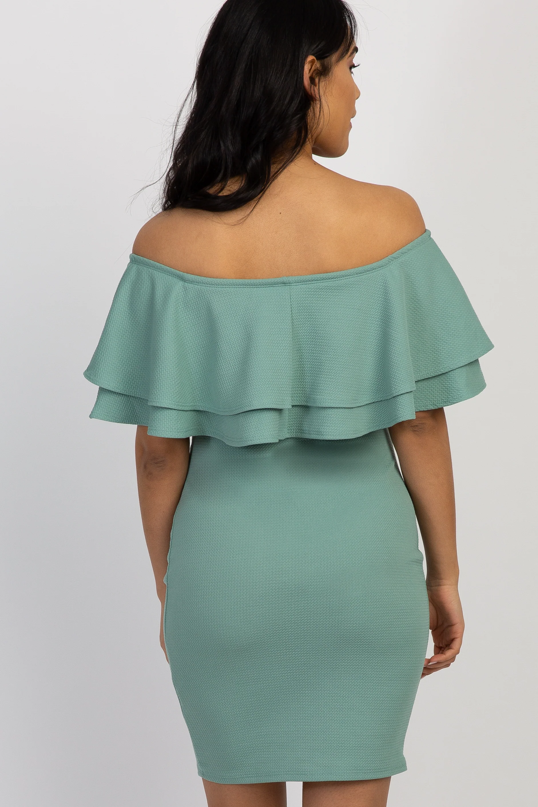 Sage Off Shoulder Fitted Maternity Dress - Image 4