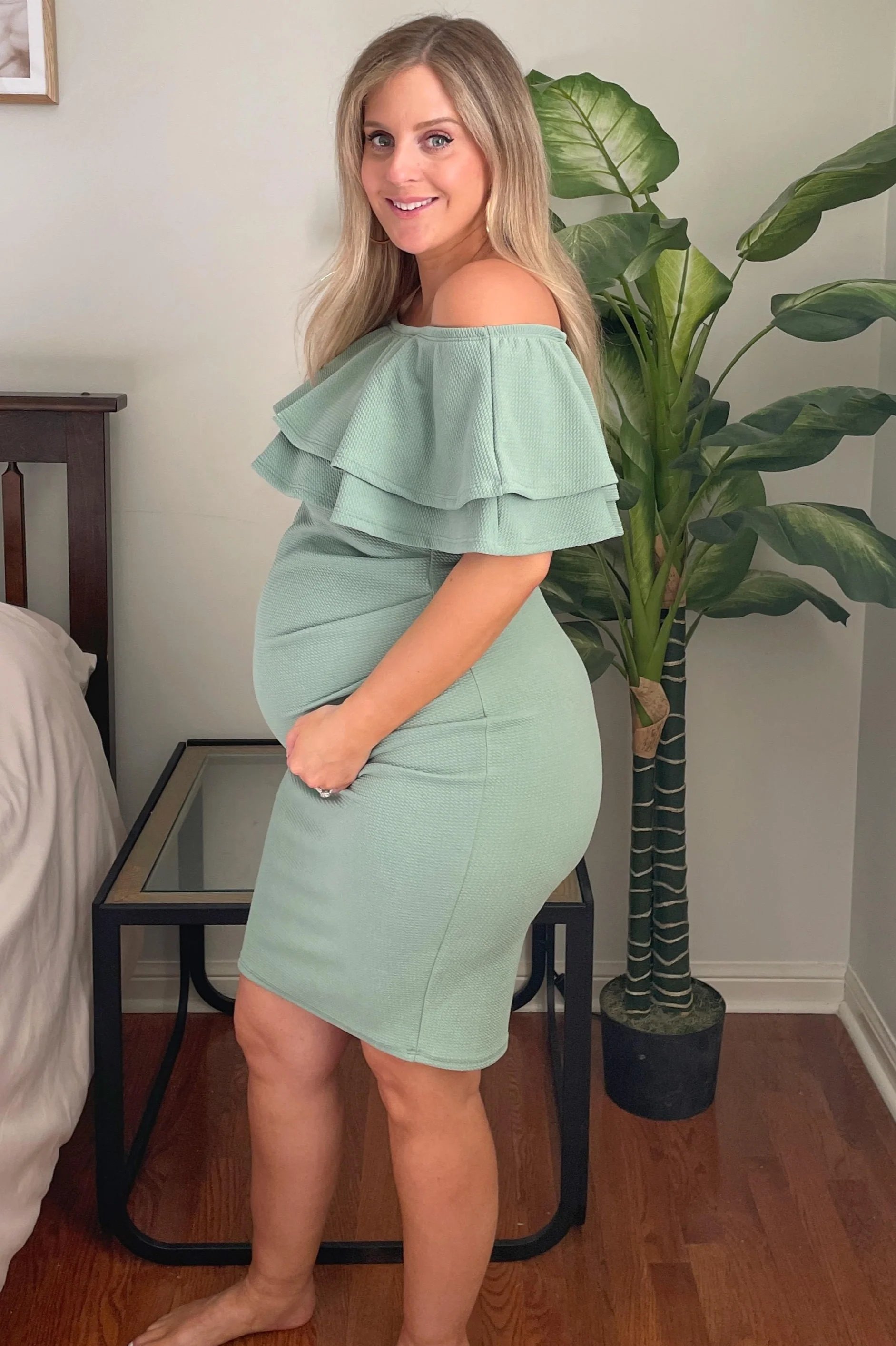 Sage Off Shoulder Fitted Maternity Dress - Image 8