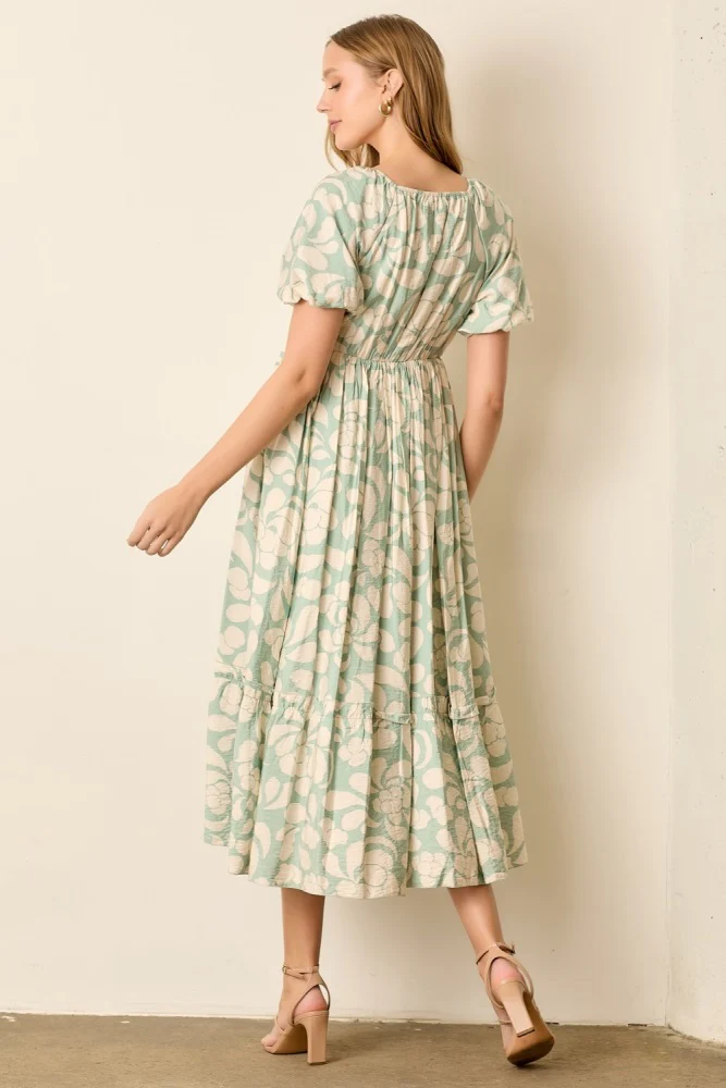 Sage Printed Square Neck Bubble Sleeve Maxi Dress - Image 3