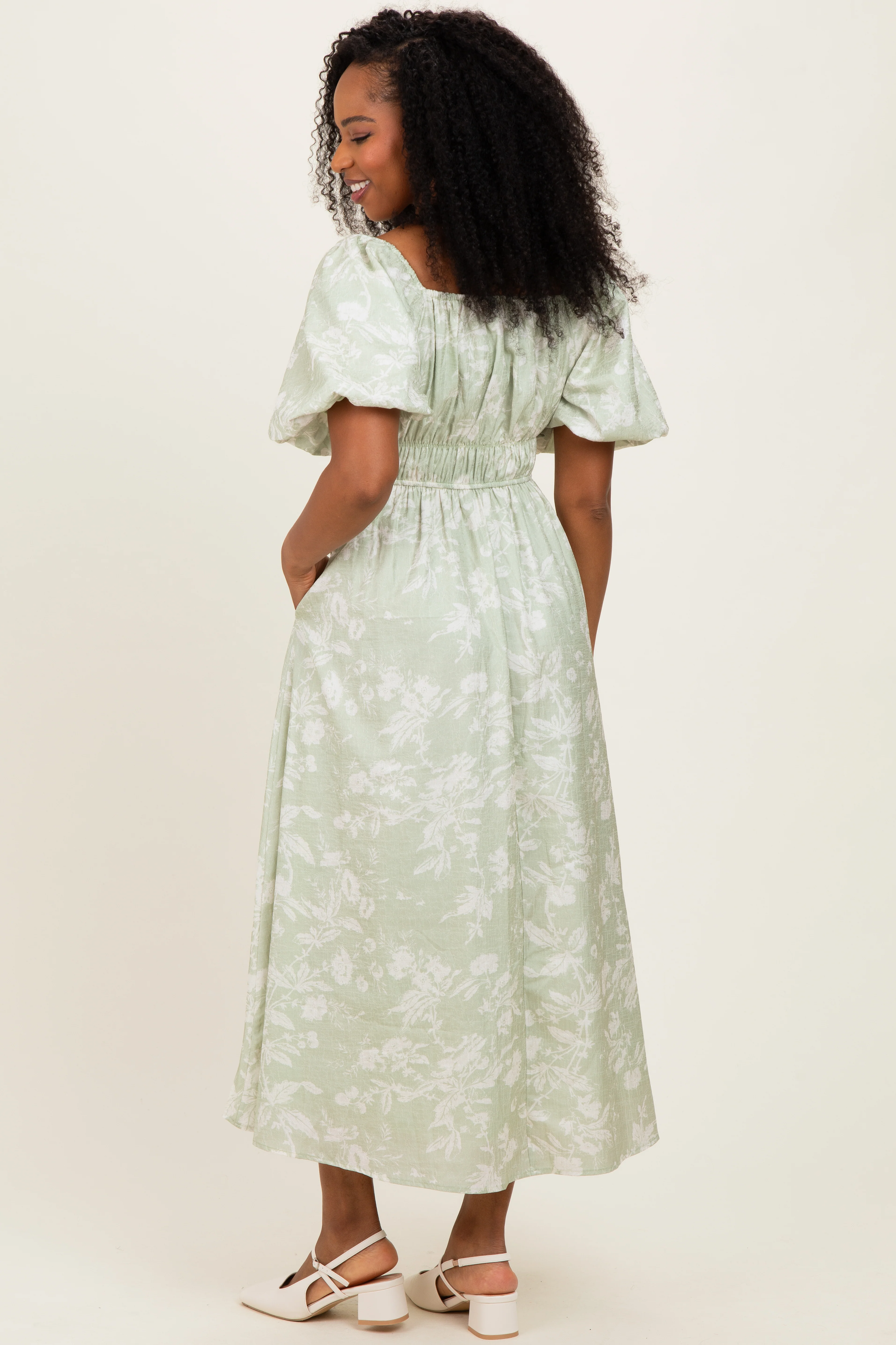 Sage Puff Sleeve Smocked Waist Midi Dress - Image 3