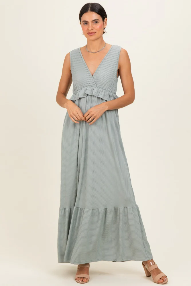 Sage Ribbed Sleeveless V-Neck Ruffle Tiered Maternity Maxi Dress - Image 4