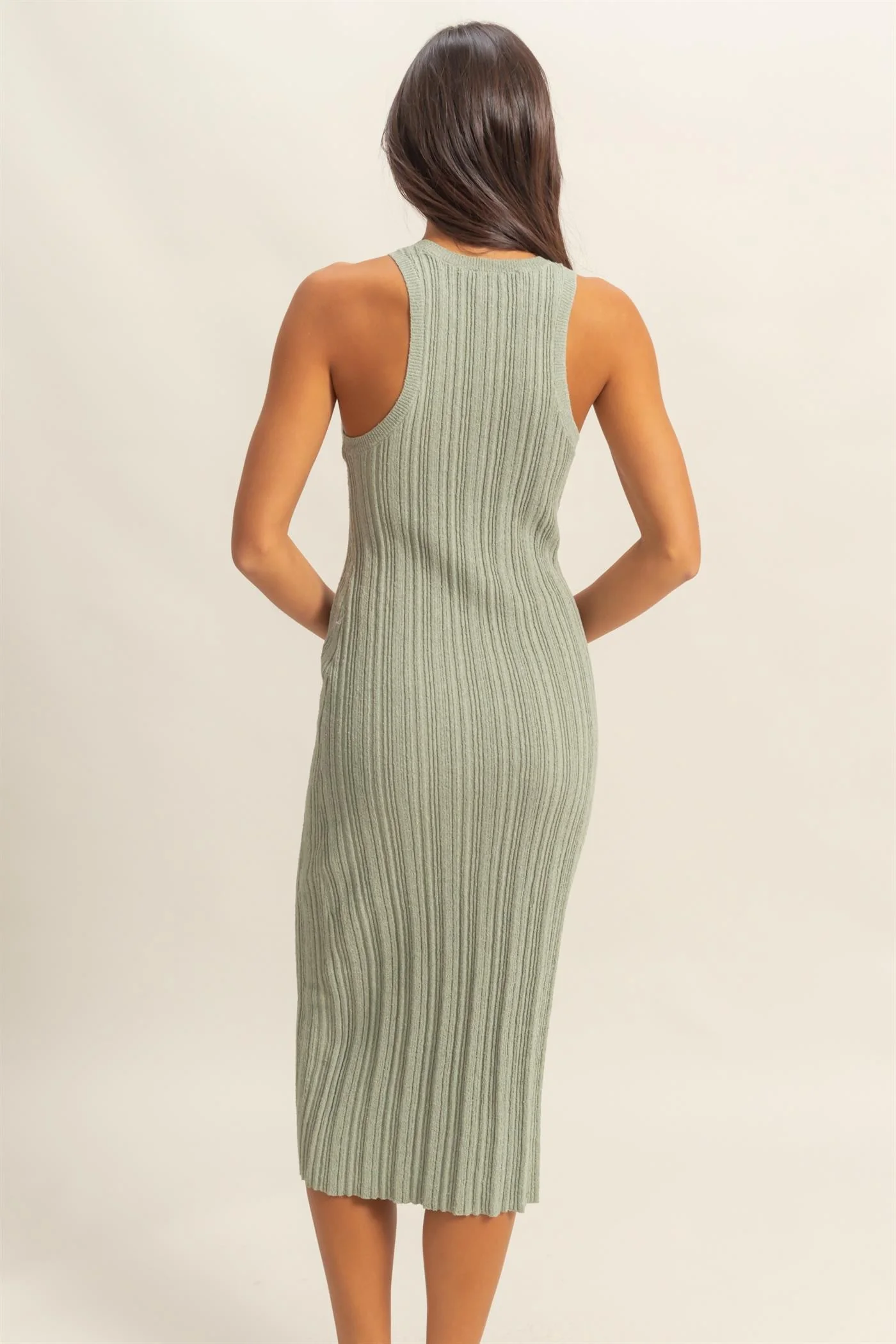 Sage Round Neck Bodycon Ribbed Knit Midi Dress - Image 4