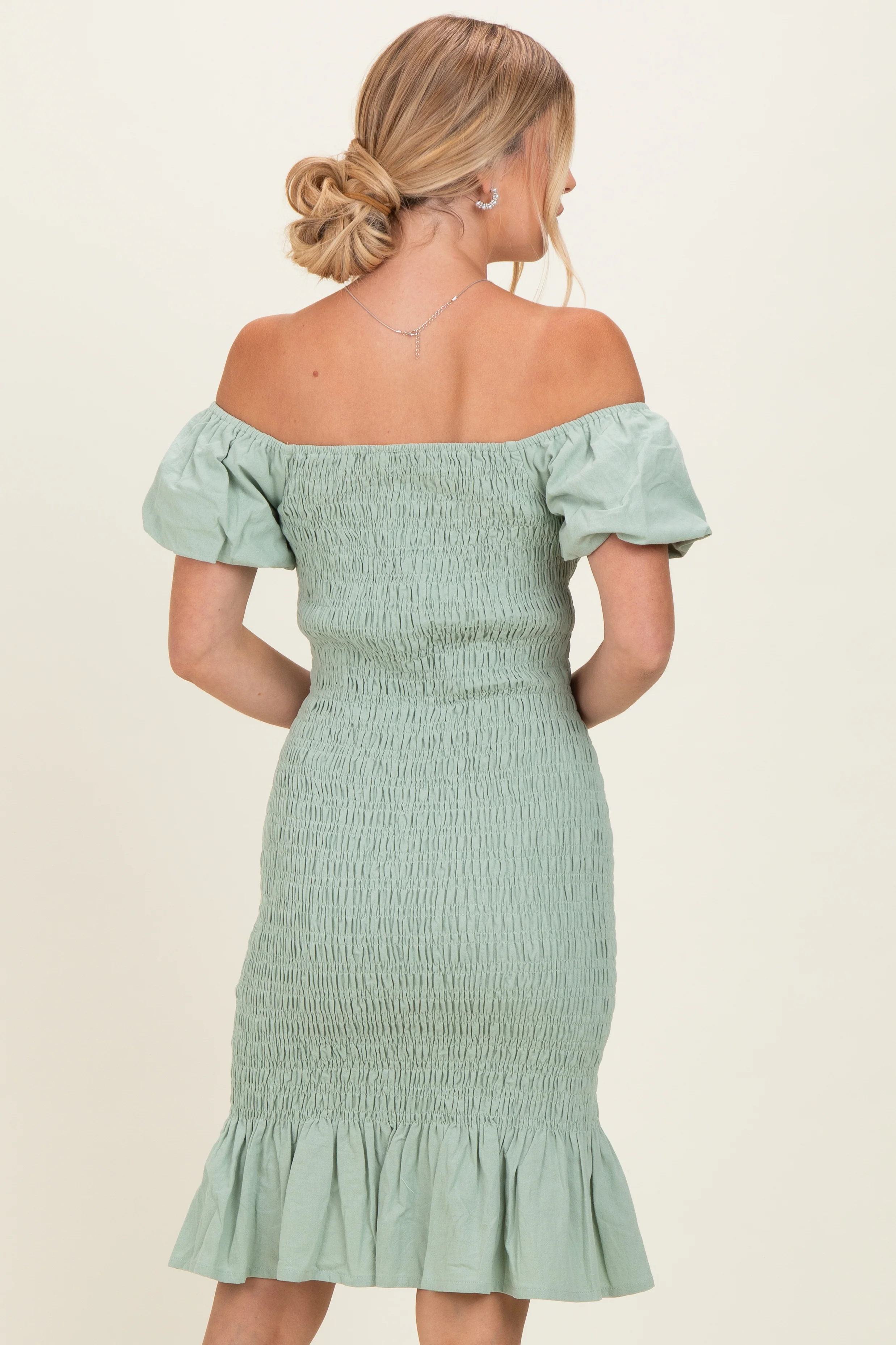 Sage Smocked Off Shoulder Ruffle Hem Dress - Image 4