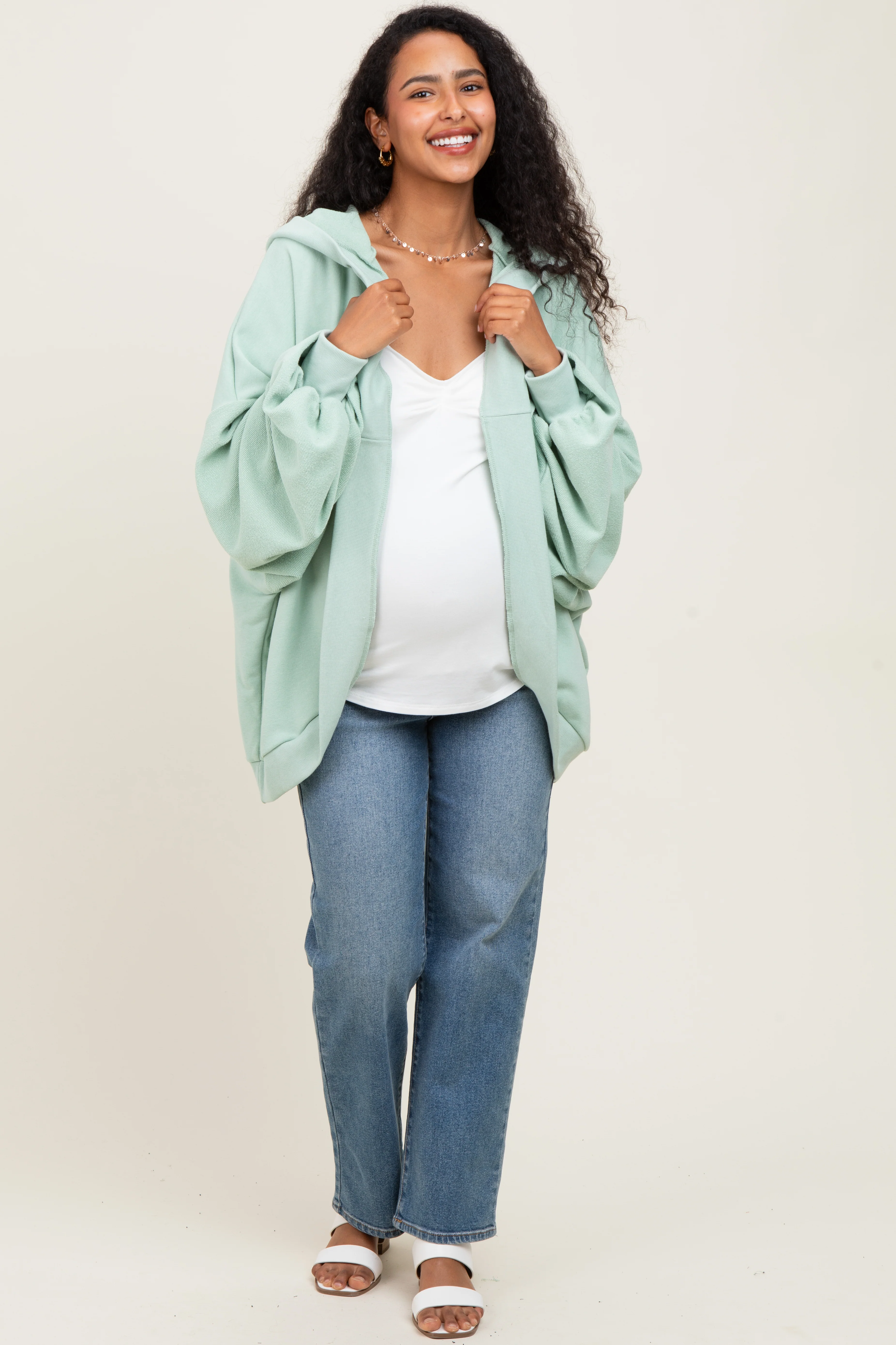 Sage Solid Terry Long Dolman Sleeve Vintage Maternity Hoodie - Image 3