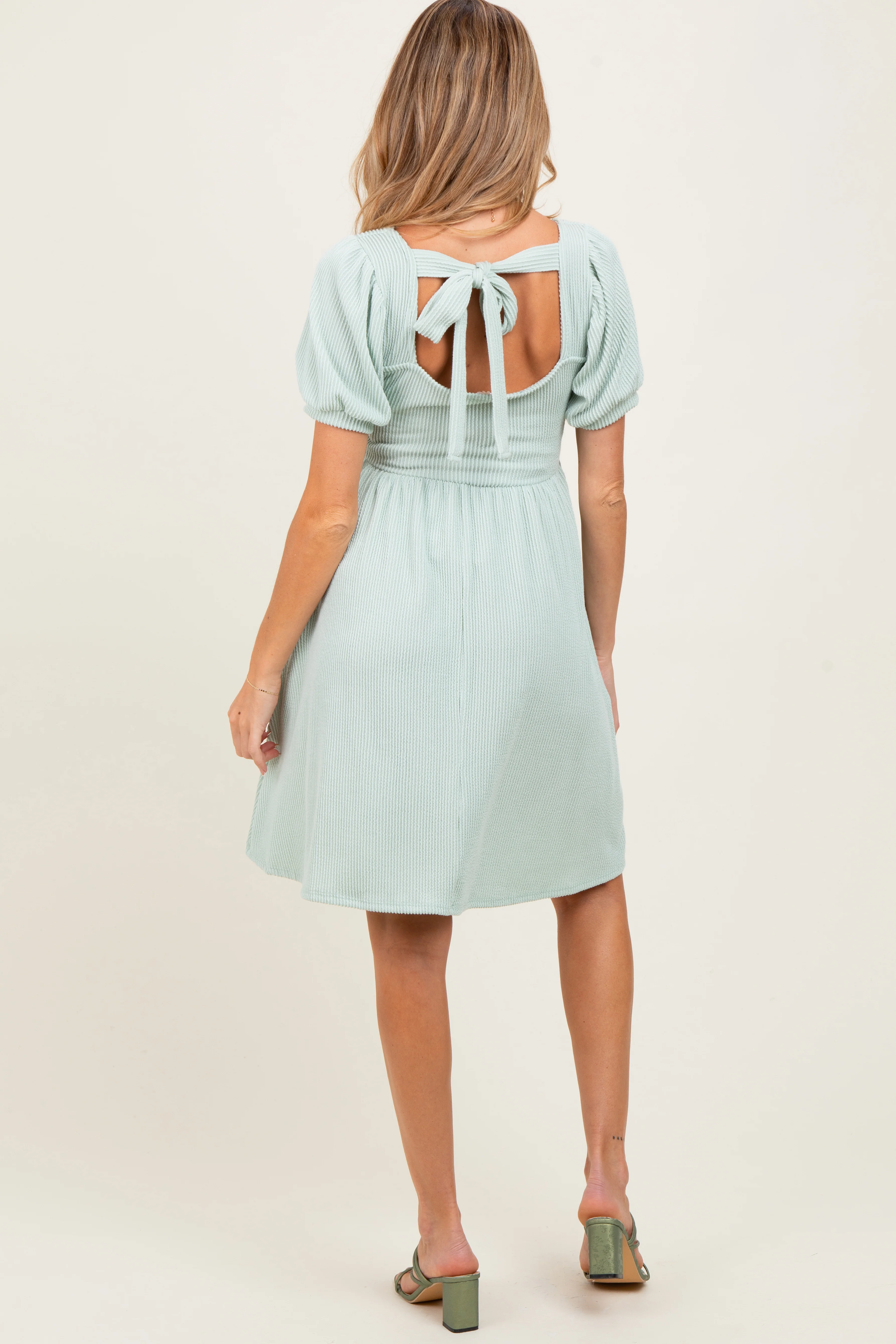 Sage Square Neck Puff Sleeve Rib Babydoll Maternity Dress - Image 4