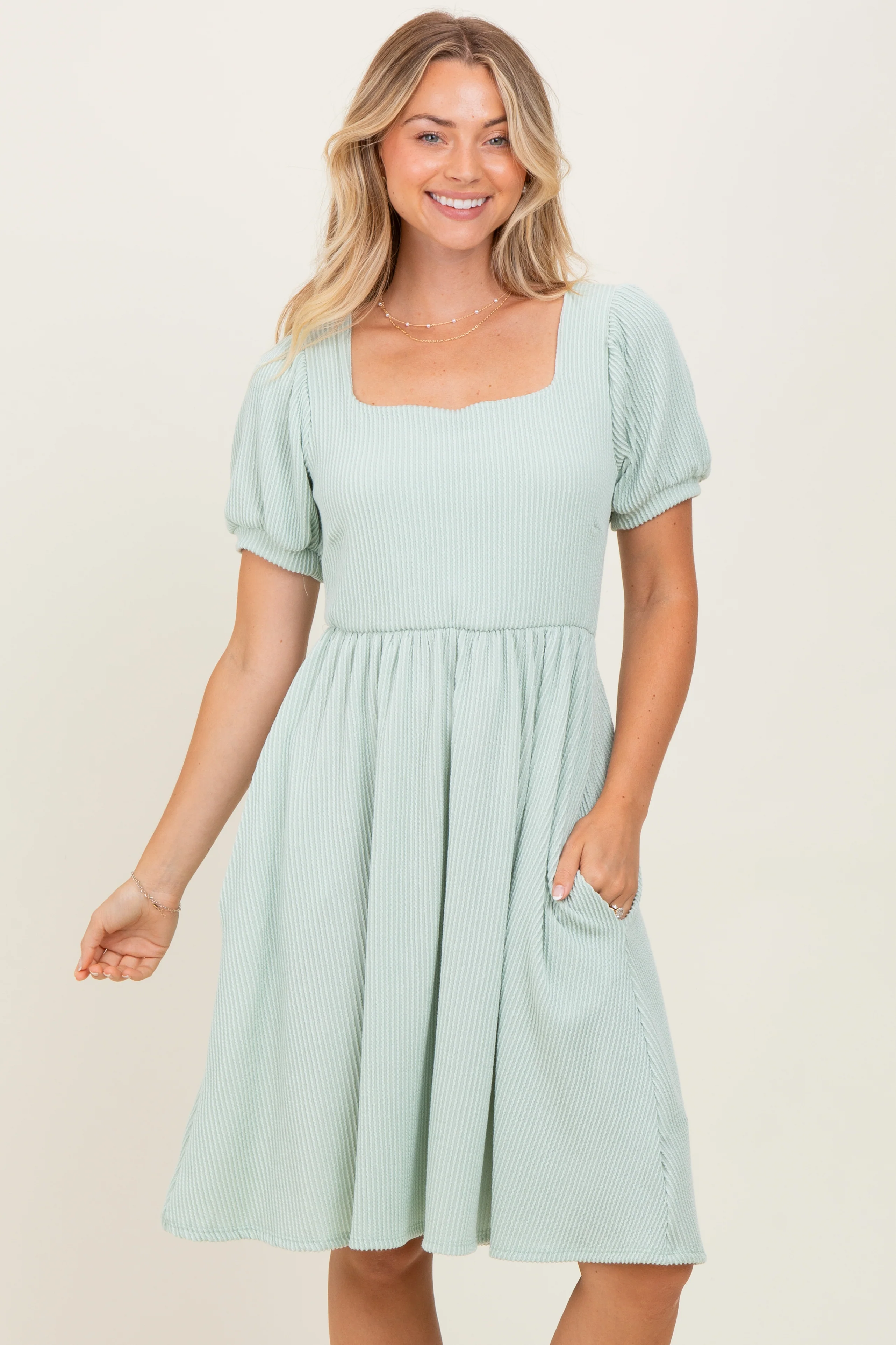 Sage Square Neck Puff Sleeve Rib Babydoll Maternity Dress - Image 5