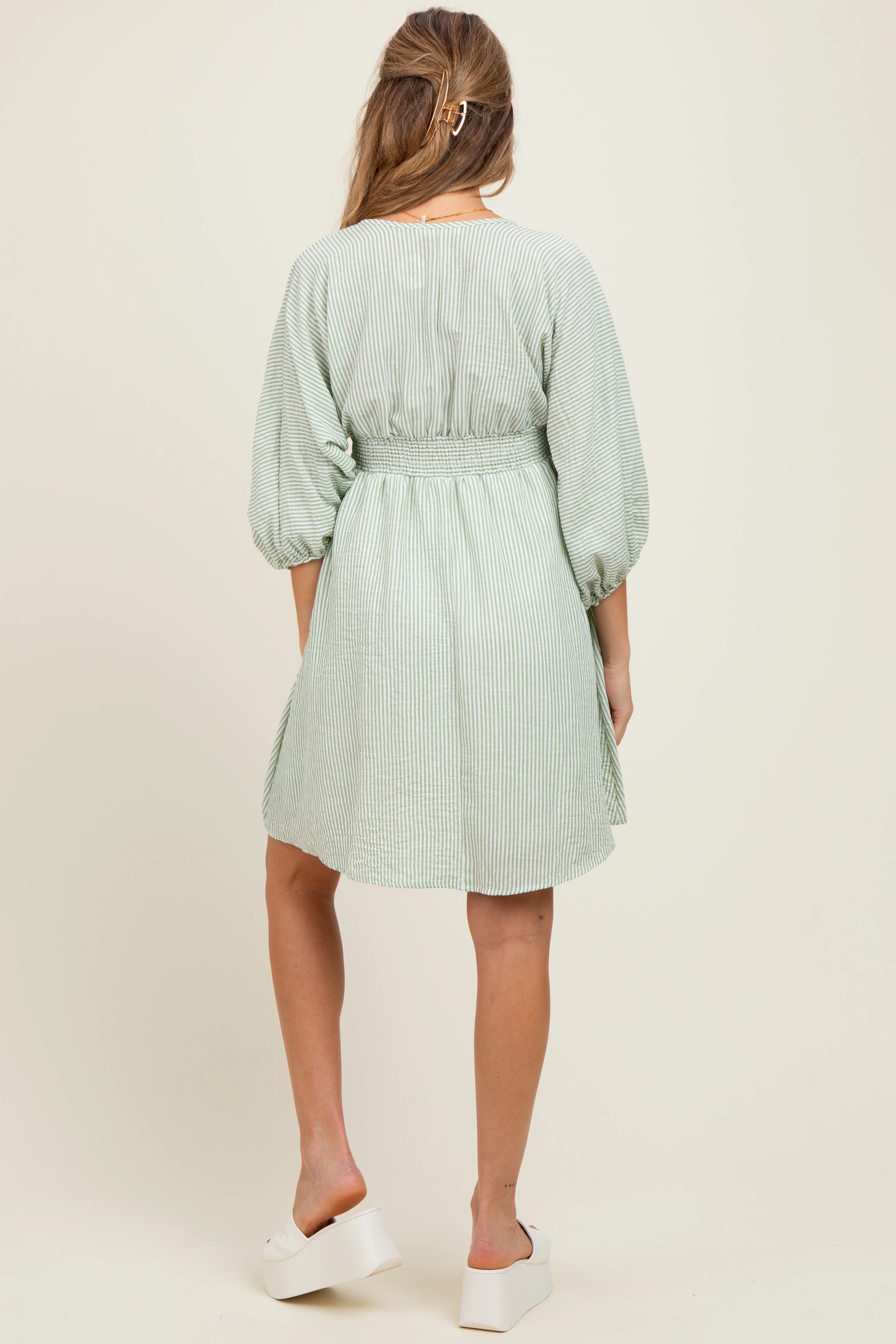 Sage Striped Balloon Sleeve V-Neck Maternity Dress - Image 4