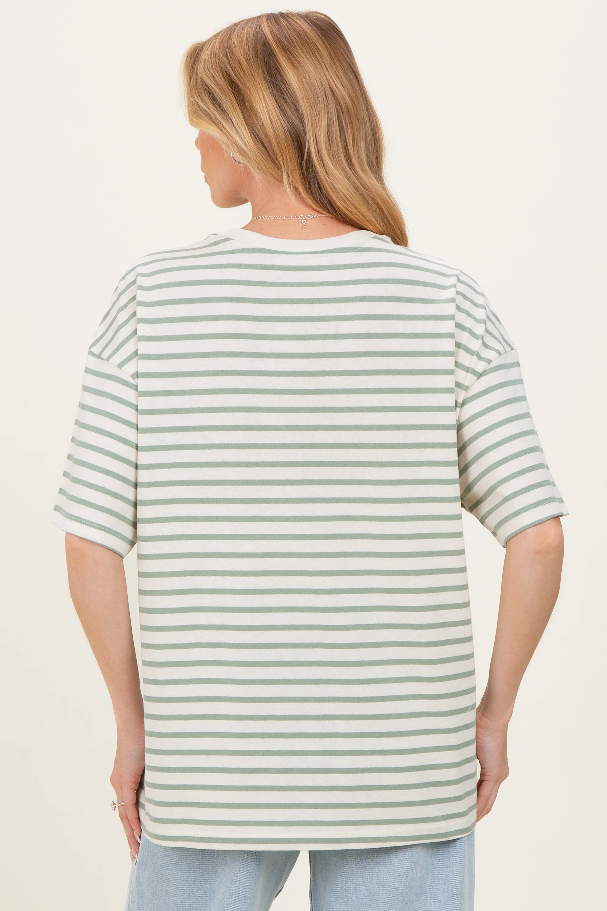 Sage Striped Short Sleeve Crew Neck Oversized Cotton Maternity Top - Image 4