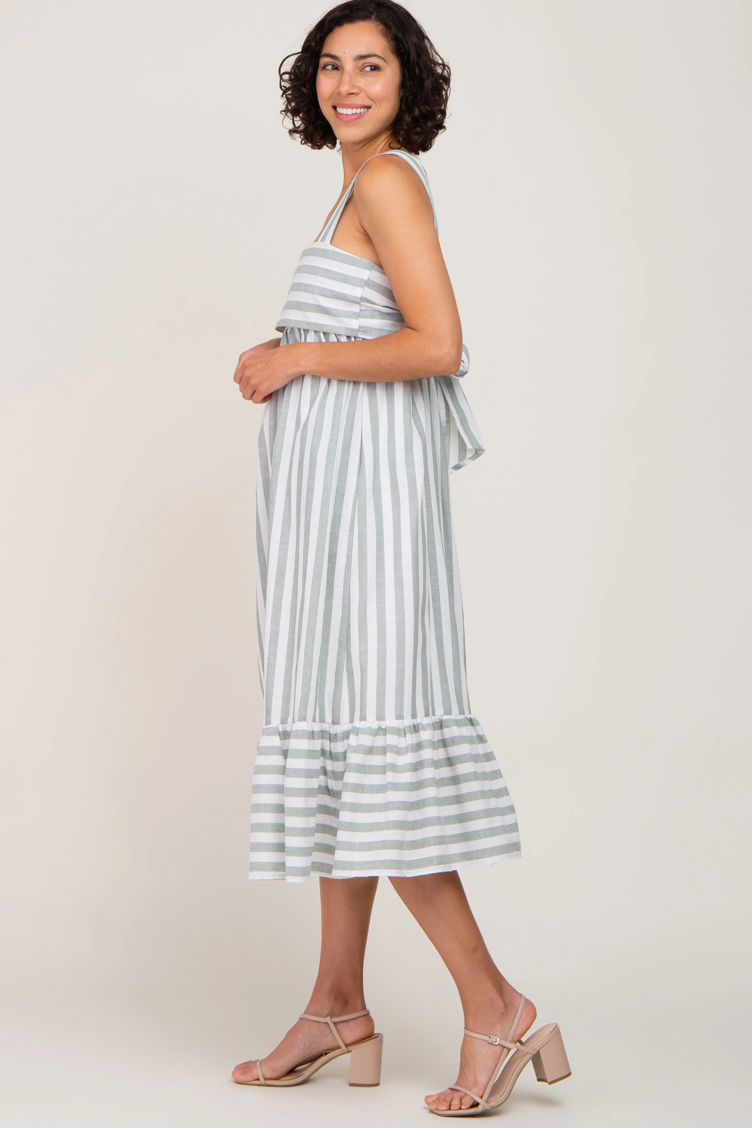 Sage Striped Sleeveless Ruffle Hem Maxi Dress - Image 2