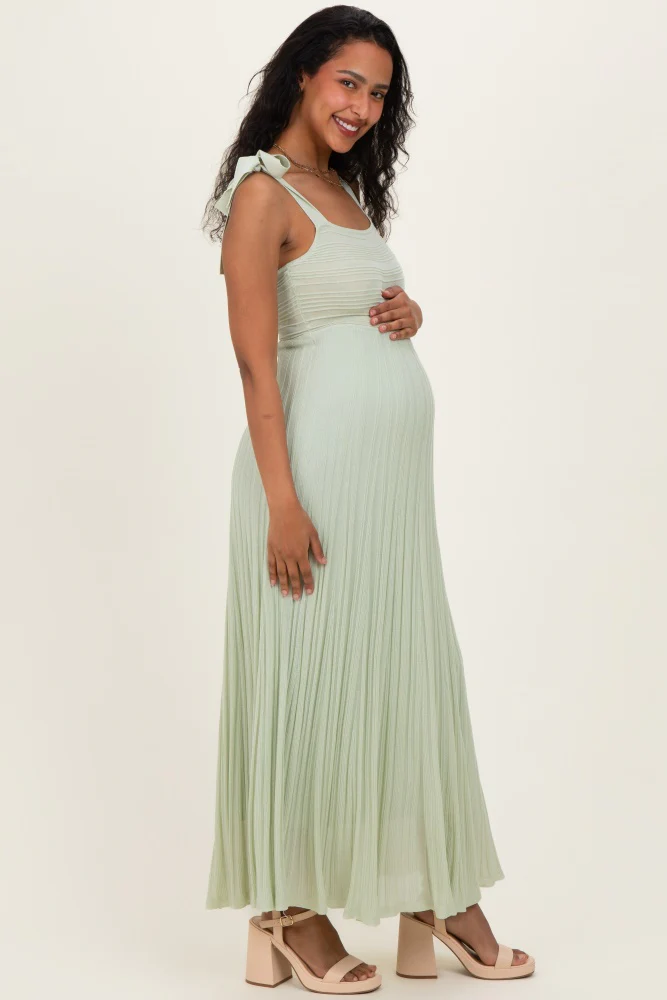 Sage Textured Knit Shoulder Tie Maternity Midi Dress - Image 4