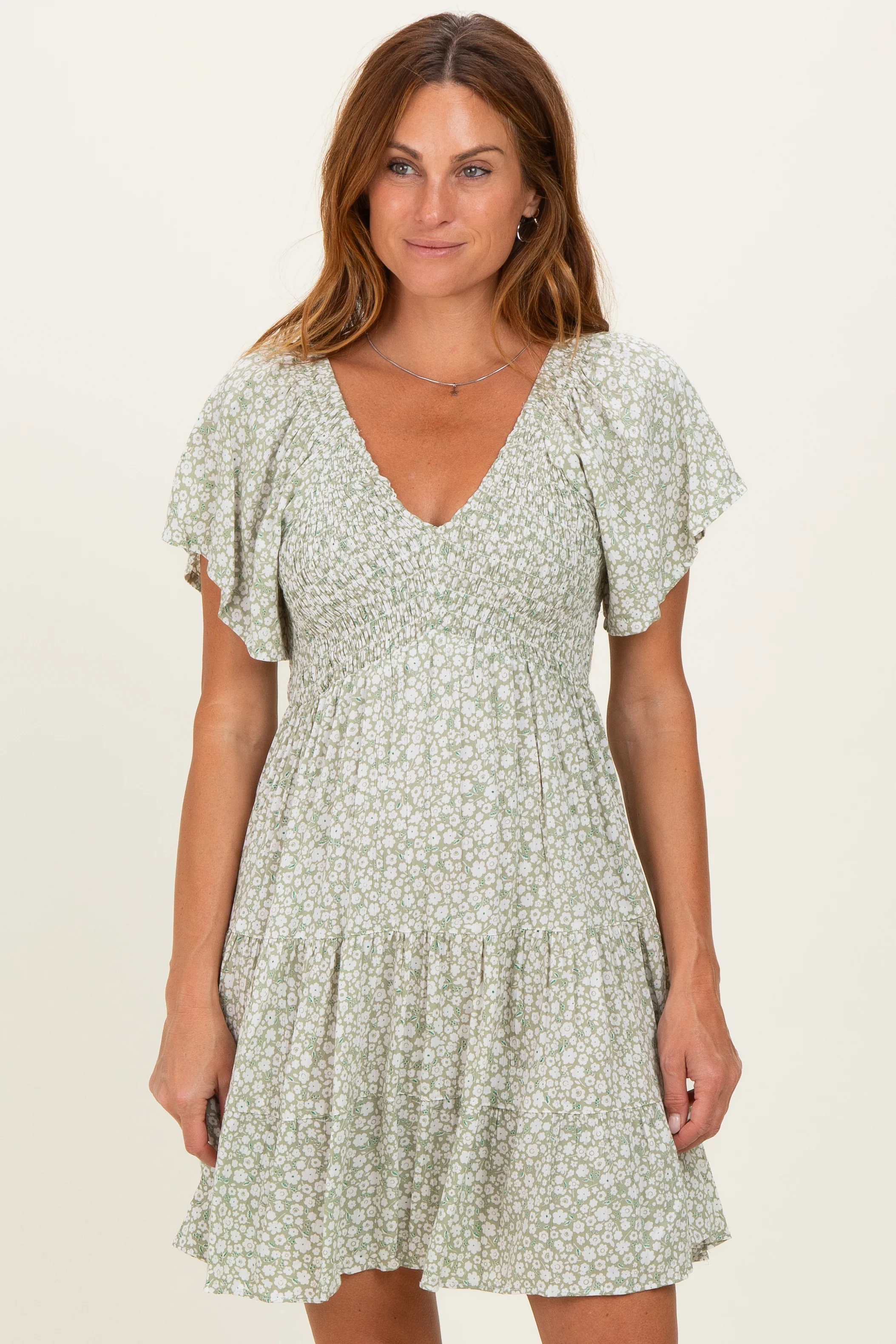 Sage V Neck Smocked Bodice Ditsy Print Maternity Dress - Image 5