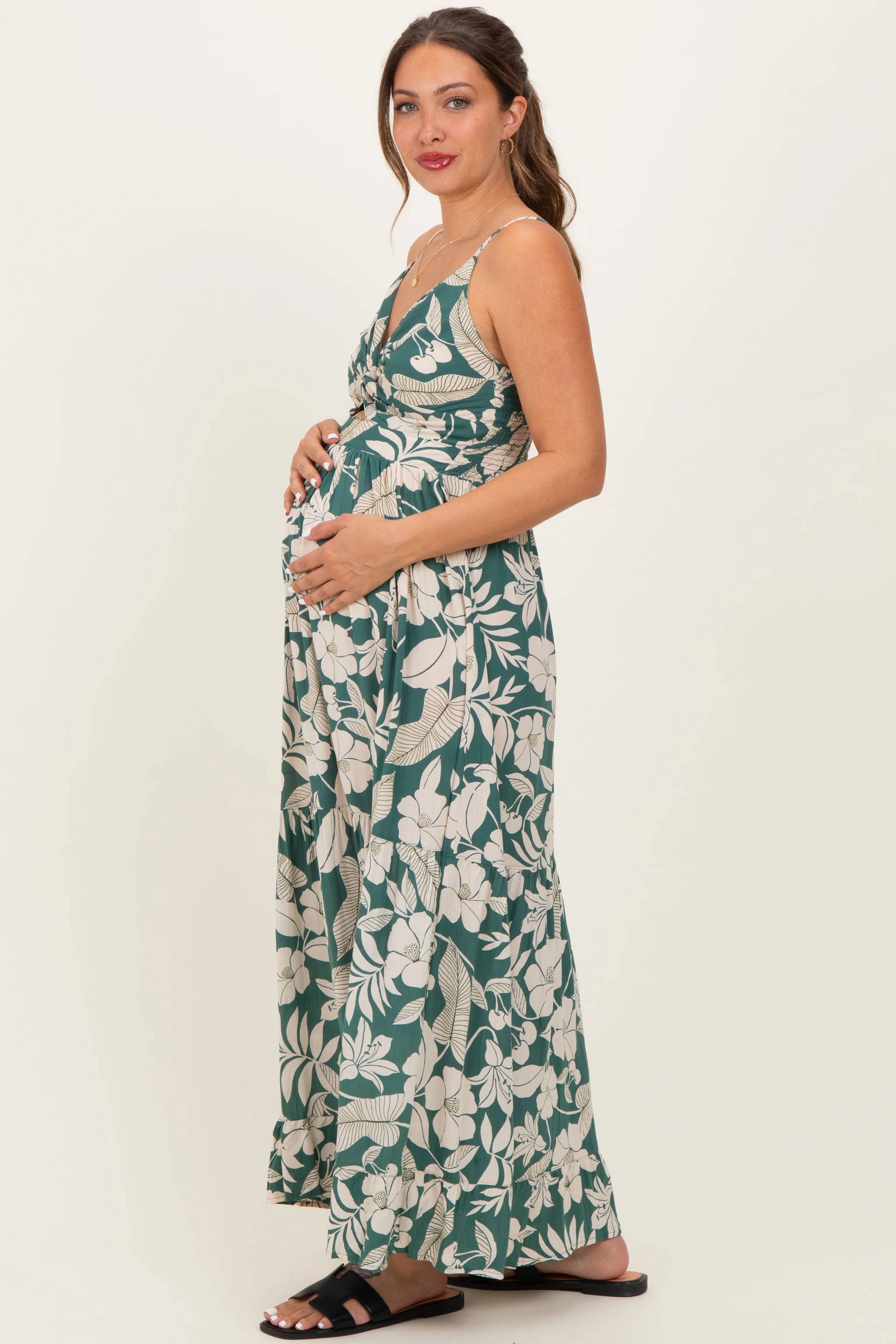 Sage V-Neck Twist Front Cut Out Maternity Maxi Dress - Image 3