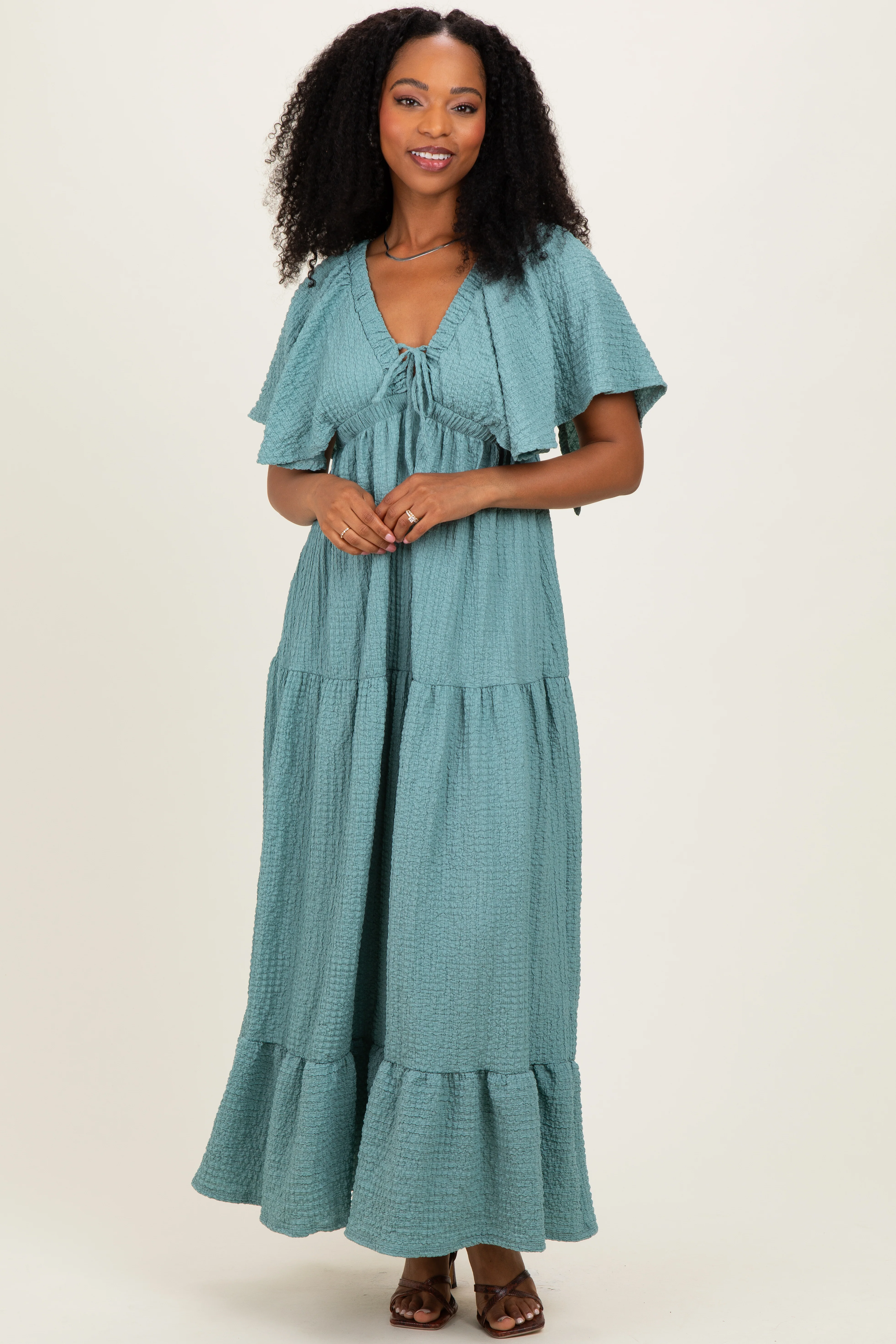 Sage Woven Textured Flutter Sleeve V-Neck Tiered Maternity Maxi Dress - Image 4
