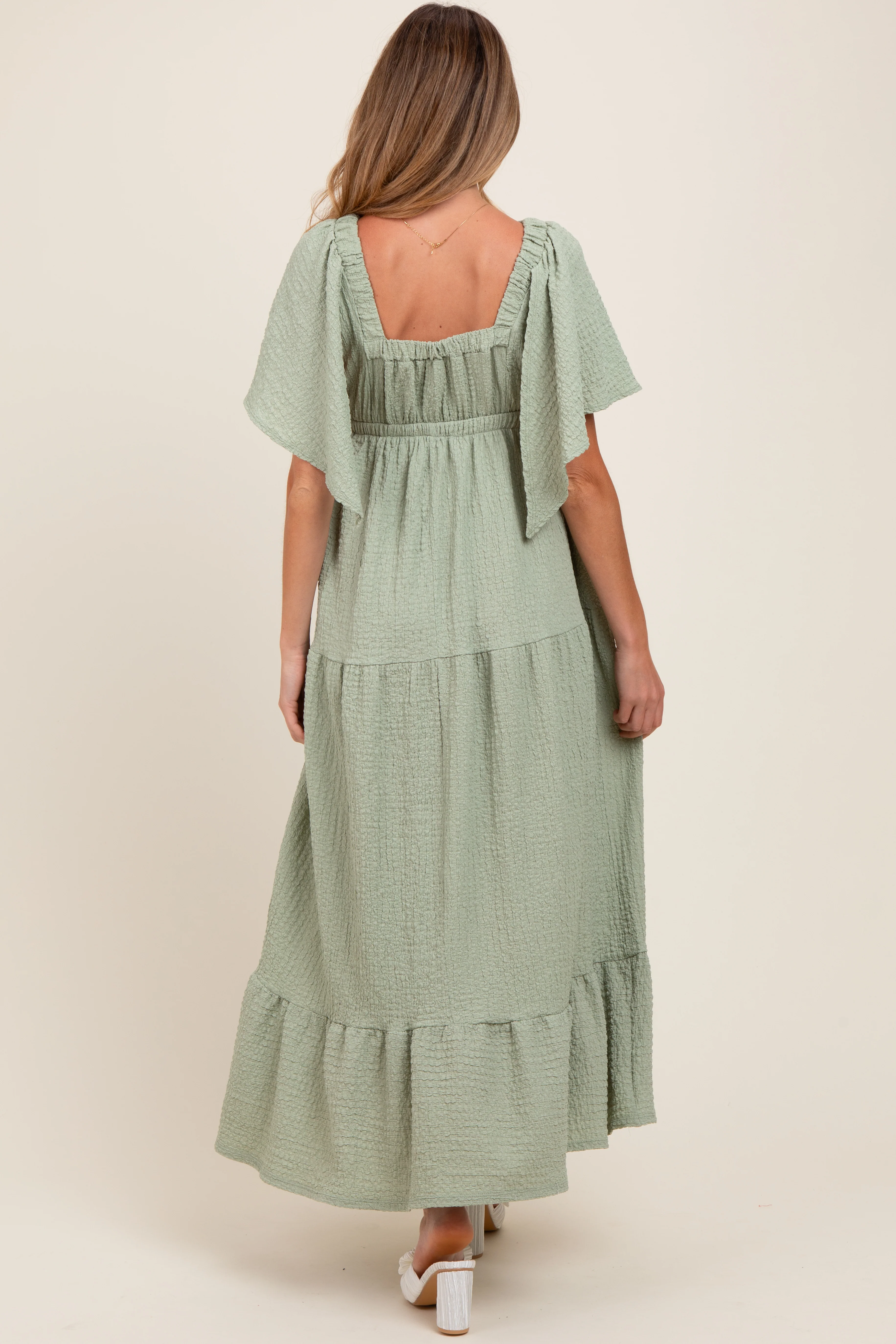 Sage Woven Textured Flutter Sleeve V-Neck Tiered Maternity Maxi Dress - Image 4