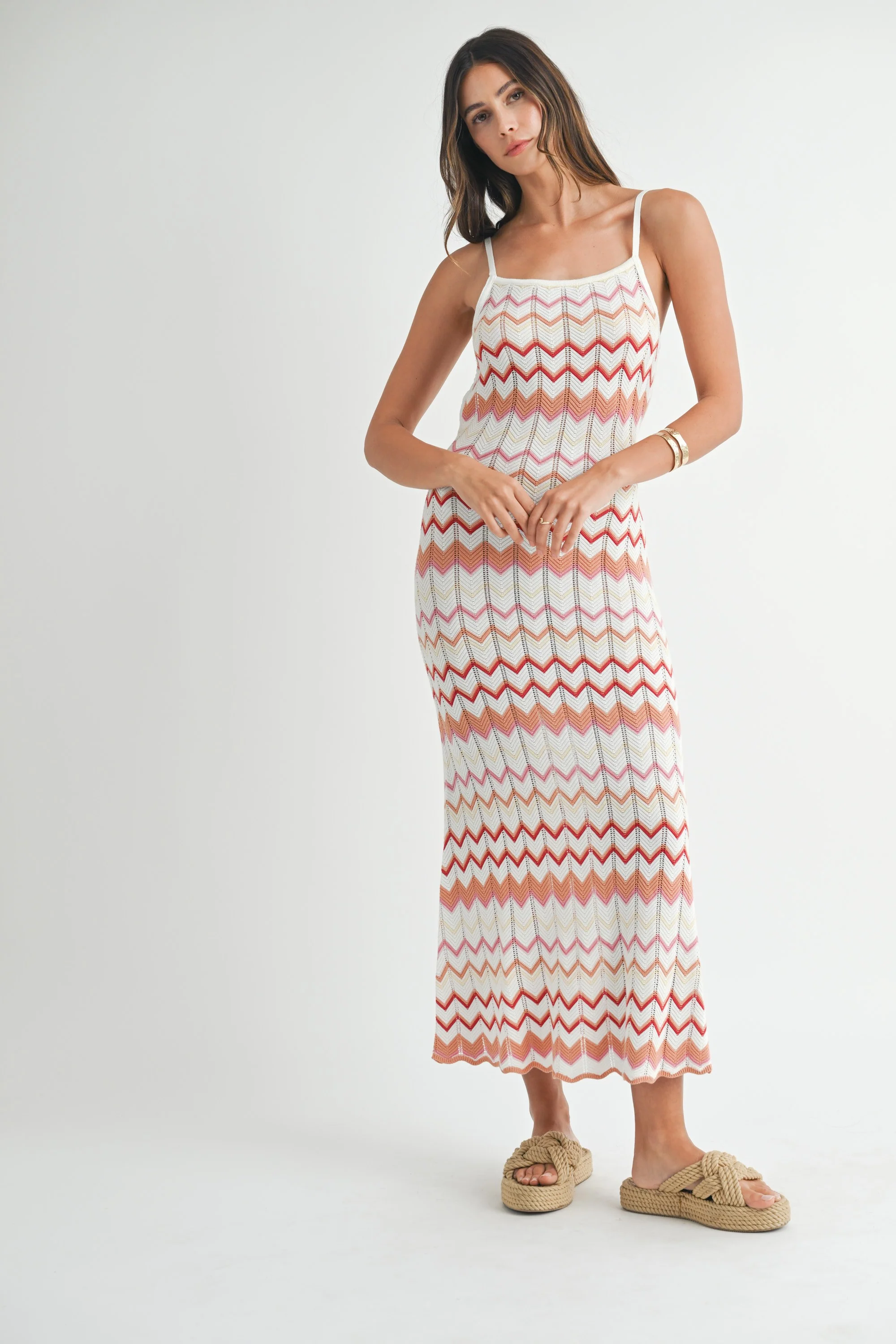 Salmon Pointelle Chevron Knit Open Back Maternity Midi Dress - Image 6