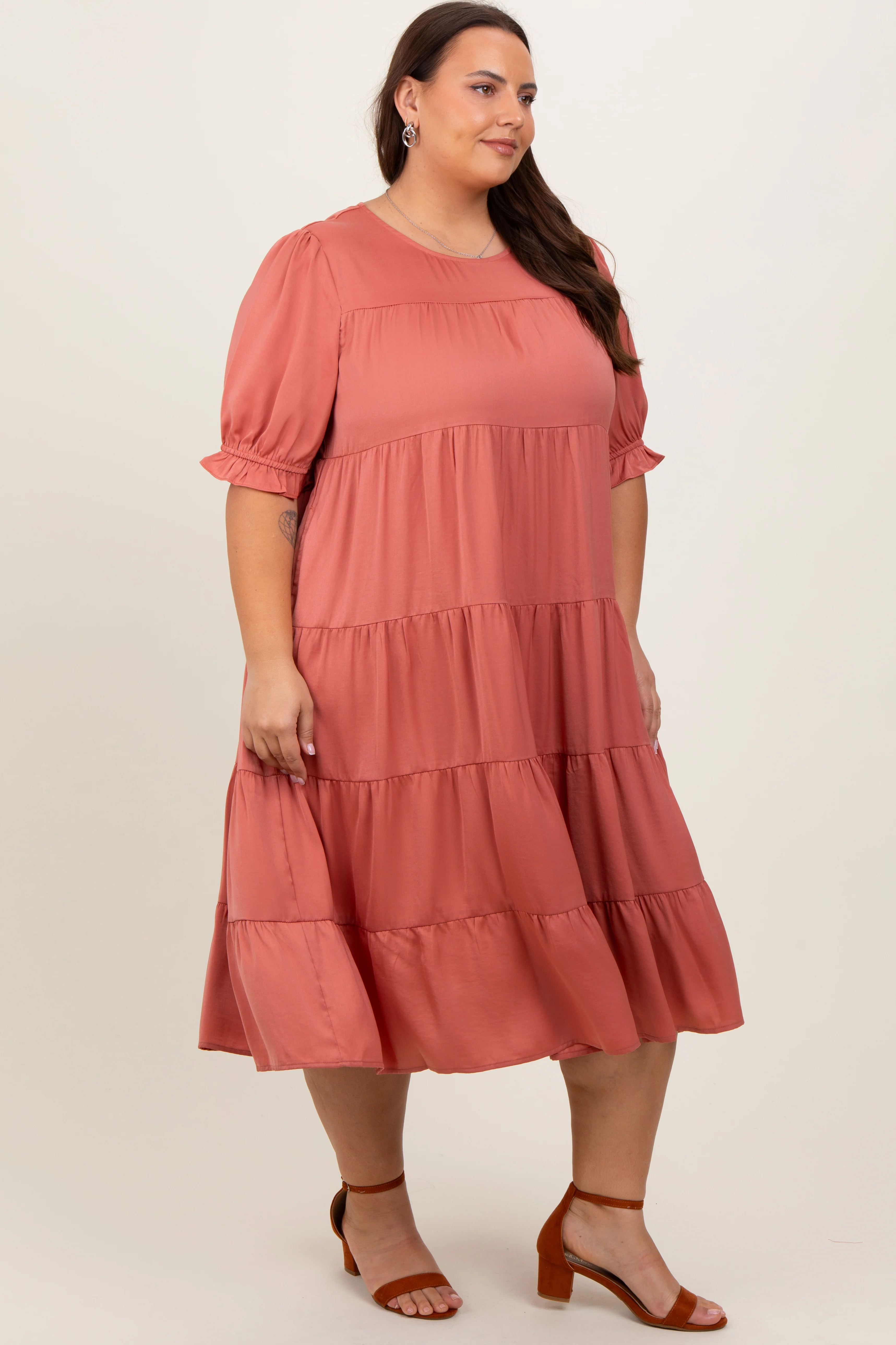 Salmon Satin Tiered Plus Dress - Image 3