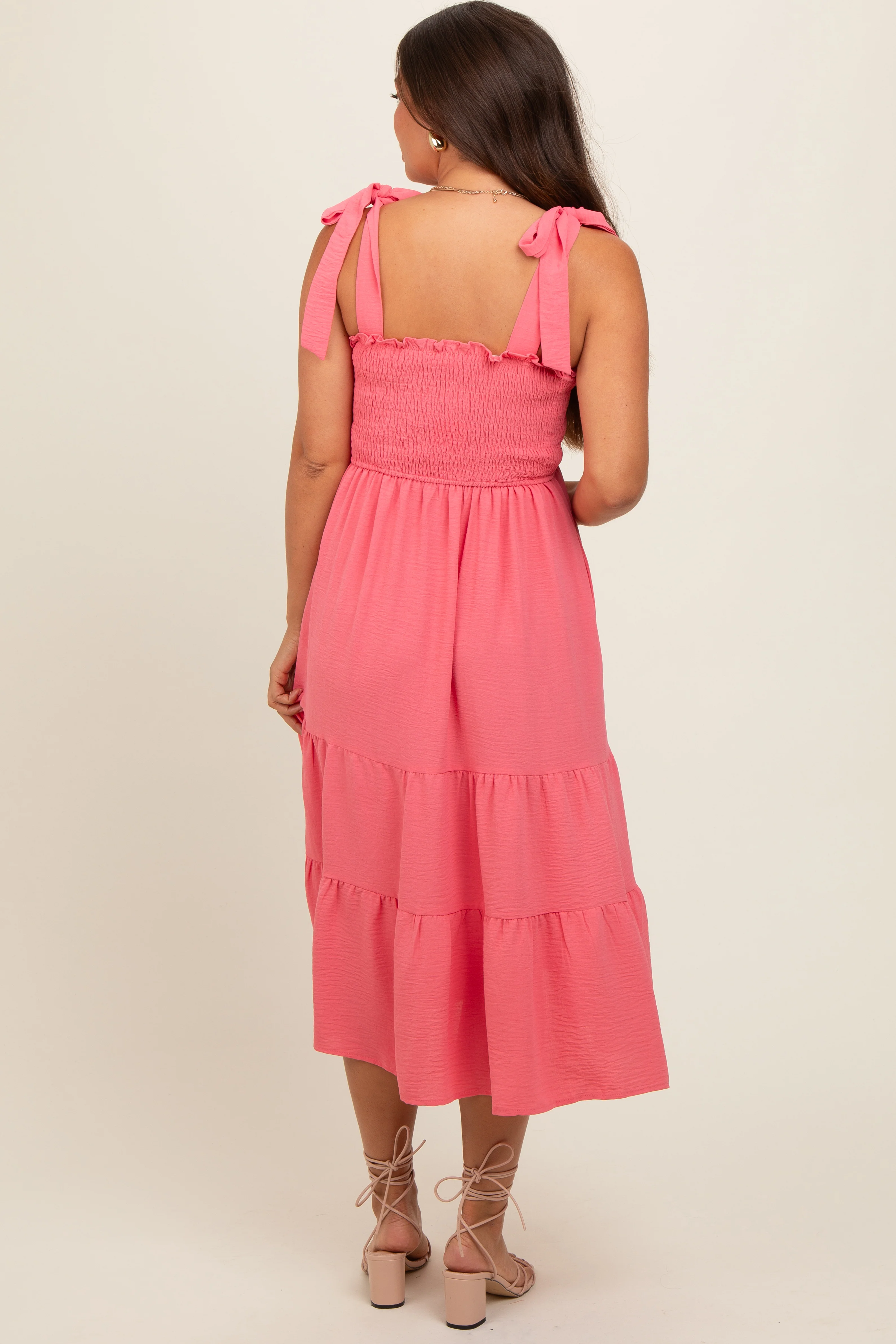 Salmon Smocked Tie Strap Tiered Maternity Midi Dress - Image 3