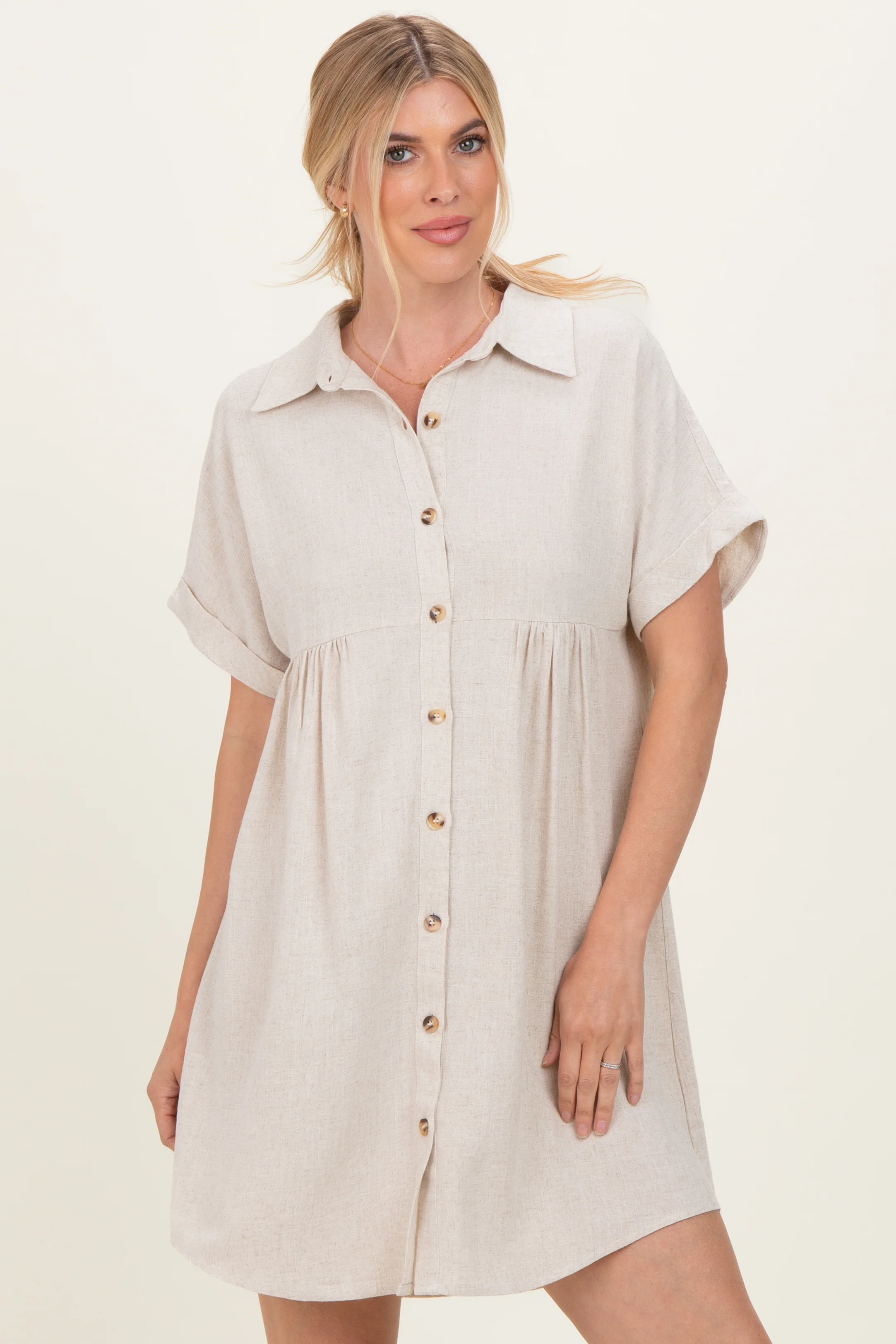Sand Dolman Sleeve Linen Maternity Shirt Dress - Image 5
