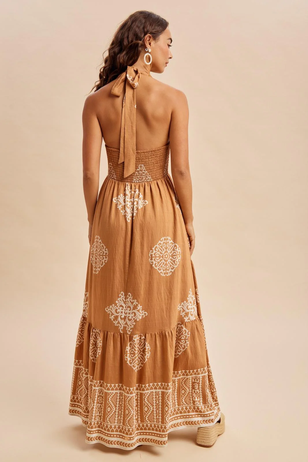 Sandalwood Printed Smocked Halter Maxi Dress - Image 4