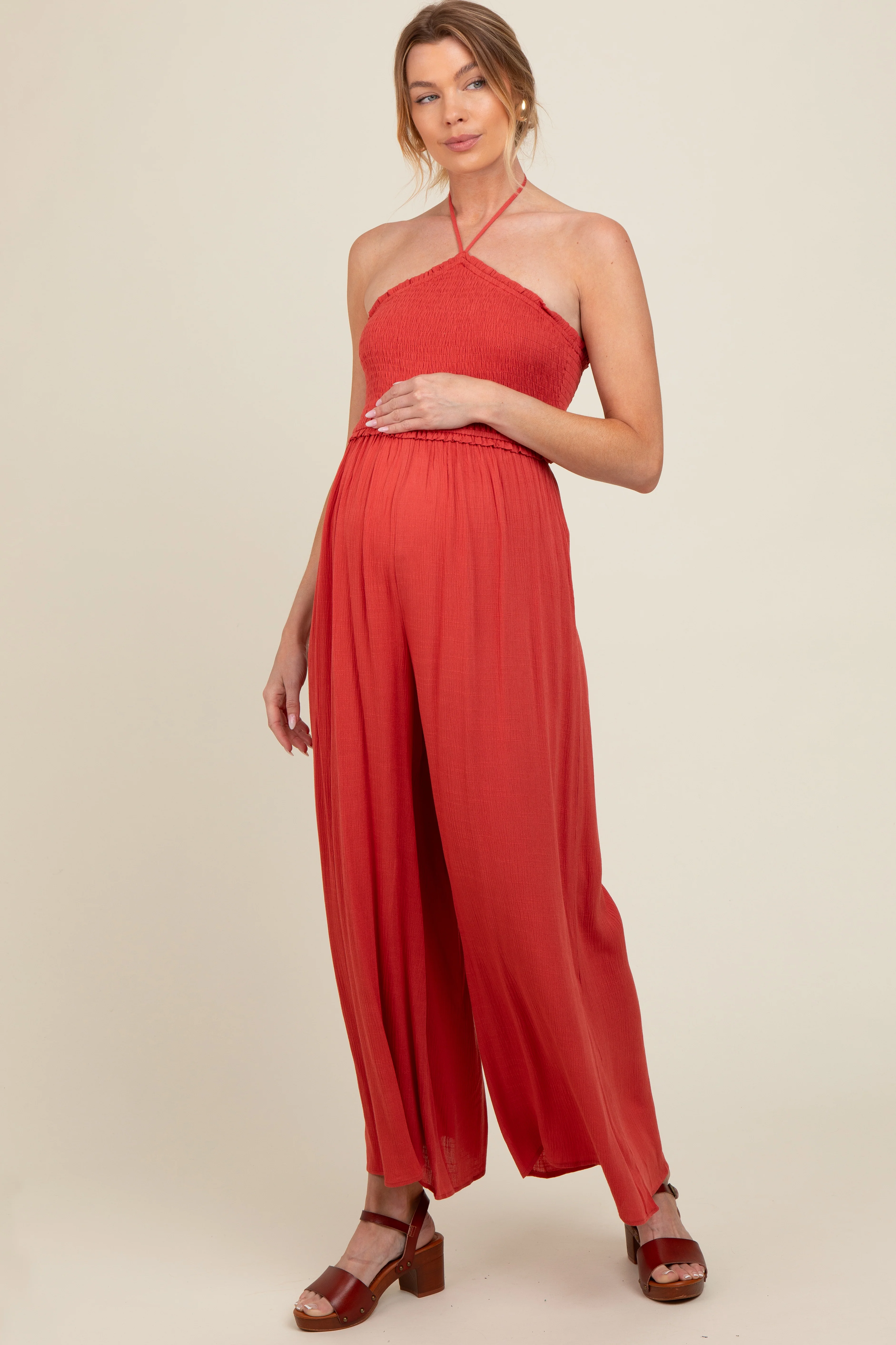 Scarlet Back Cutout Smocked Halter Wide Leg Maternity Jumpsuit - Image 3