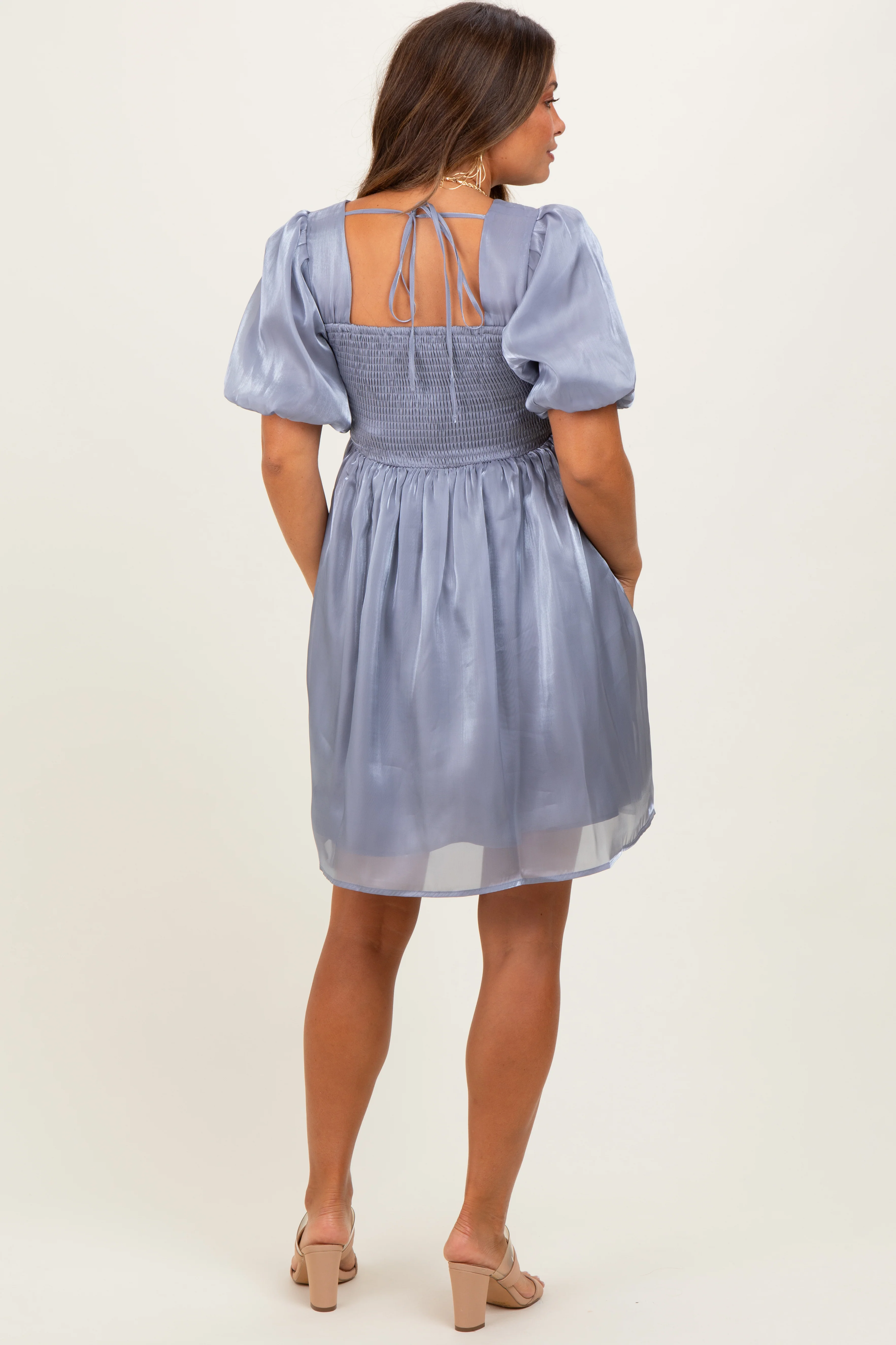 Silver Organza Smocked Puff Sleeve Maternity Mini Dress - Image 4