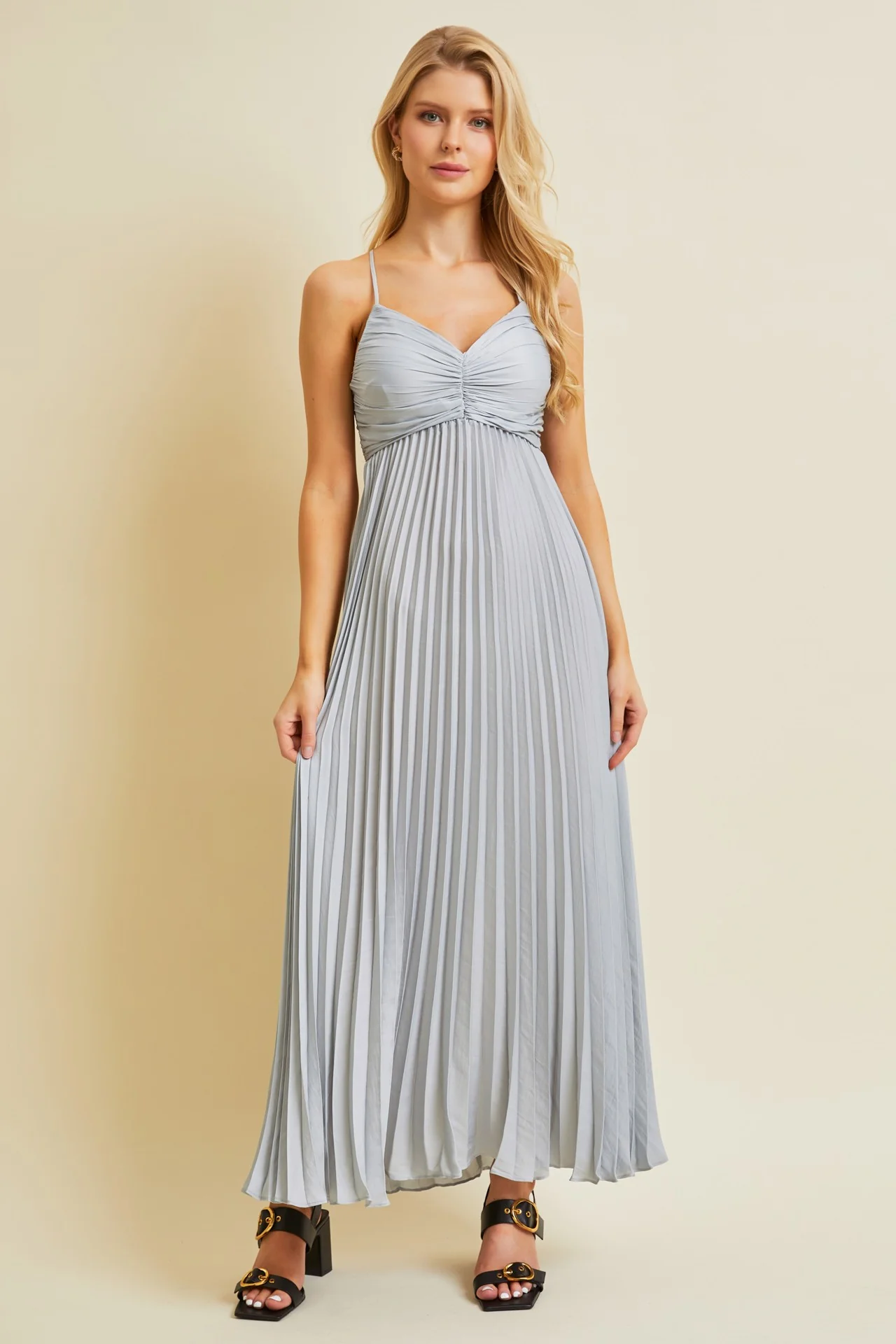 Silver Pleated Back Cutout Tie Maternity Maxi Dress - Image 4