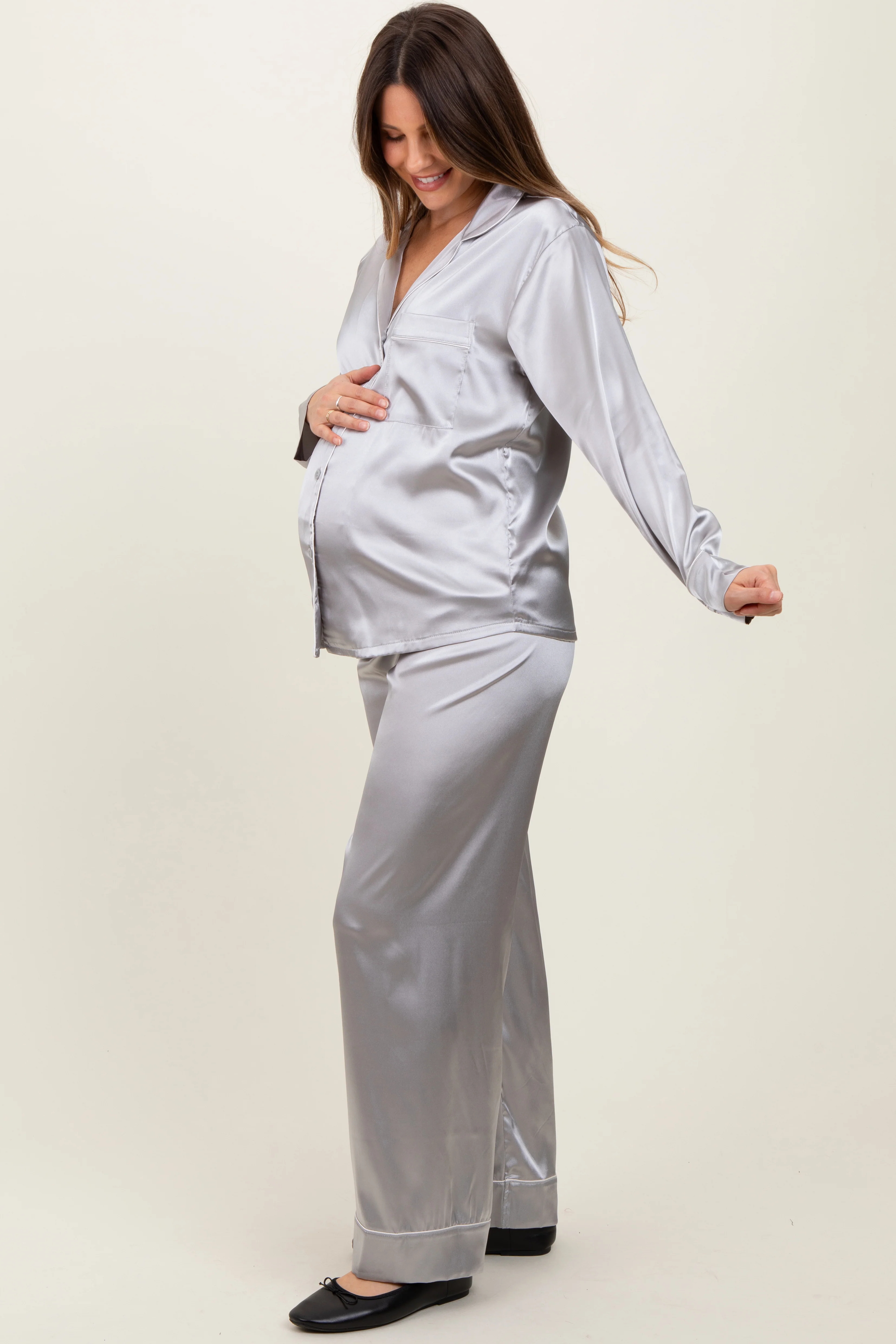 Silver Satin Contrast Trim Long Sleeve Maternity Pajama Set - Image 3