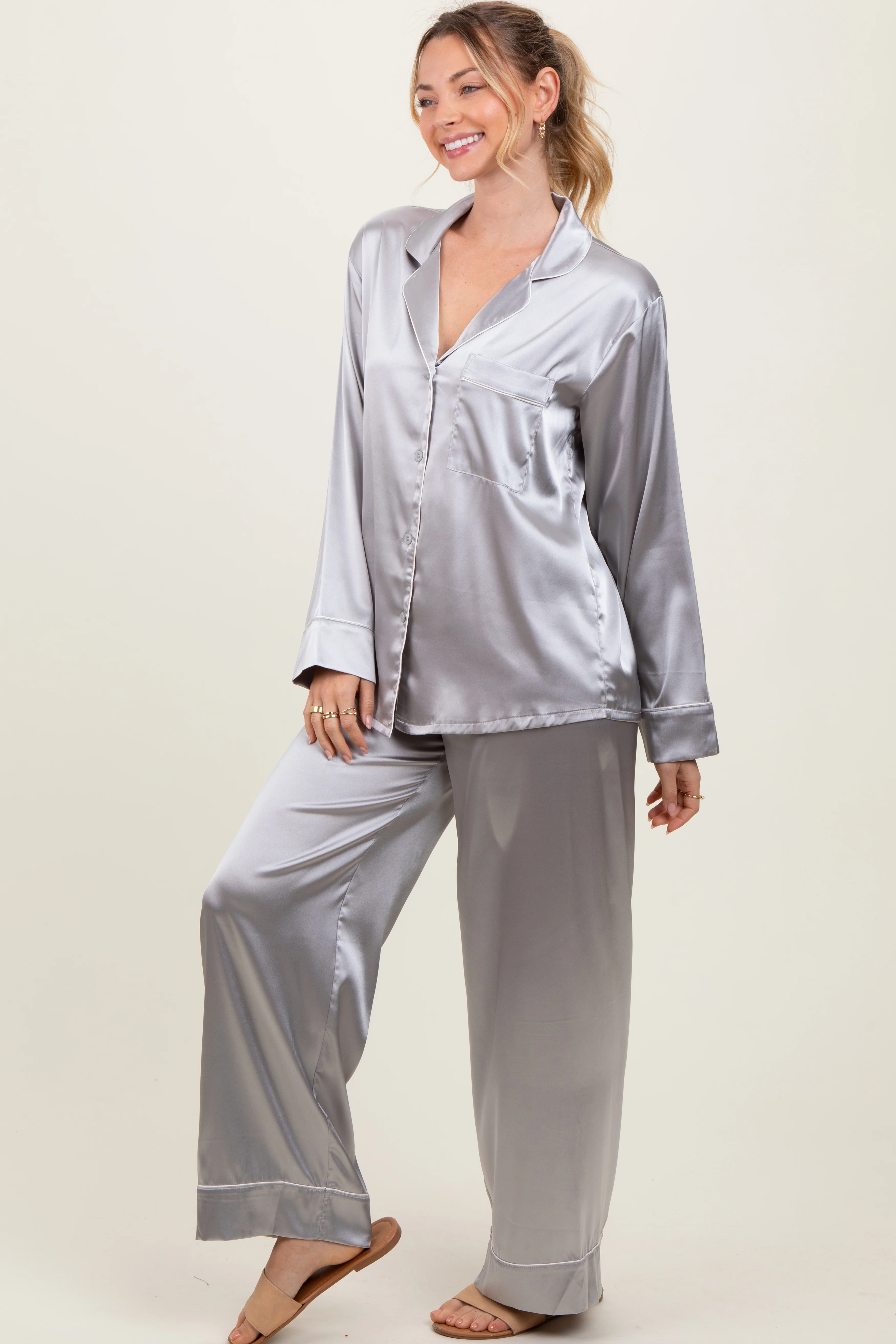 Silver Satin Contrast Trim Long Sleeve Pajama Set - Image 3
