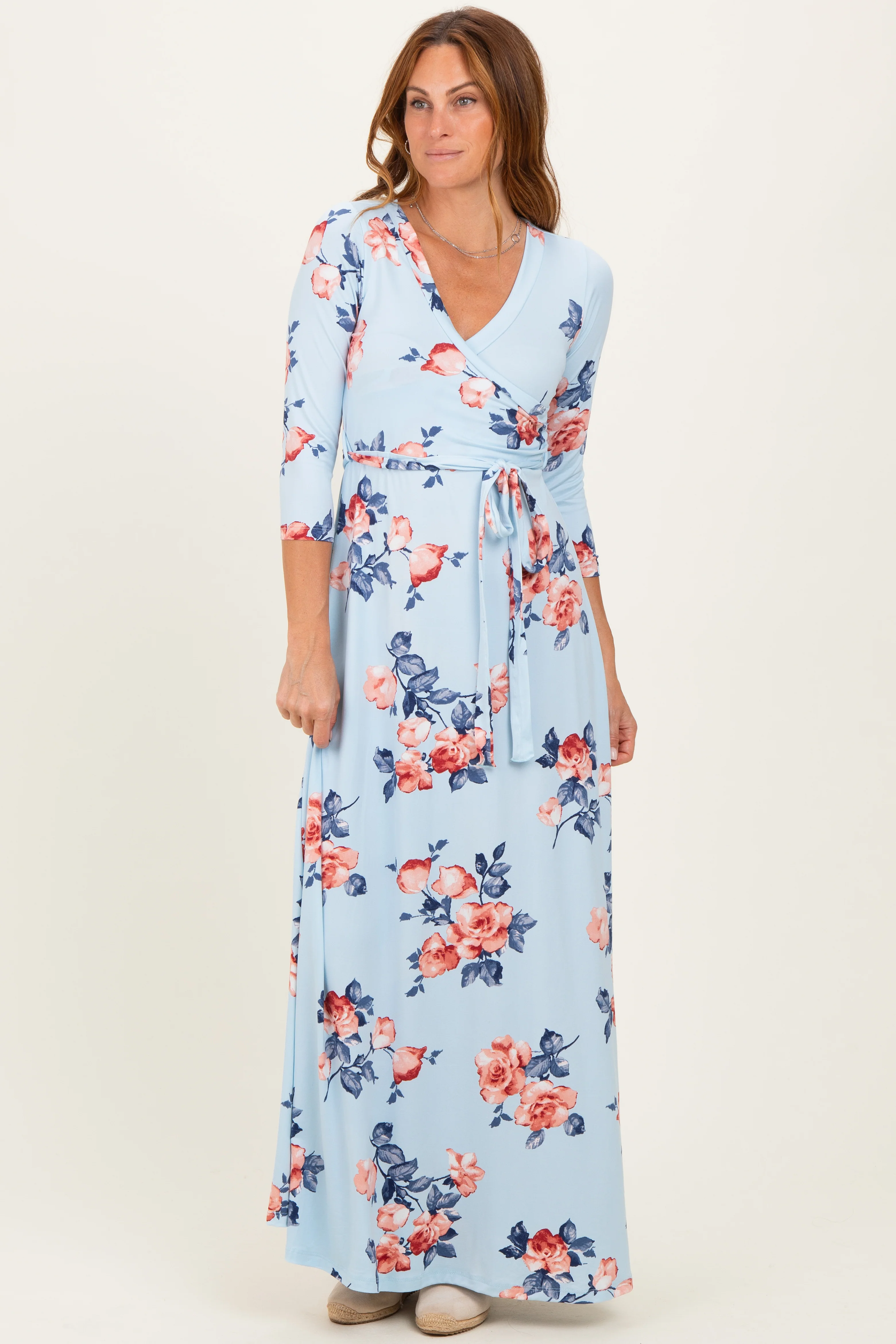 Sky Blue Floral Maternity Wrap Maxi Dress - Image 5