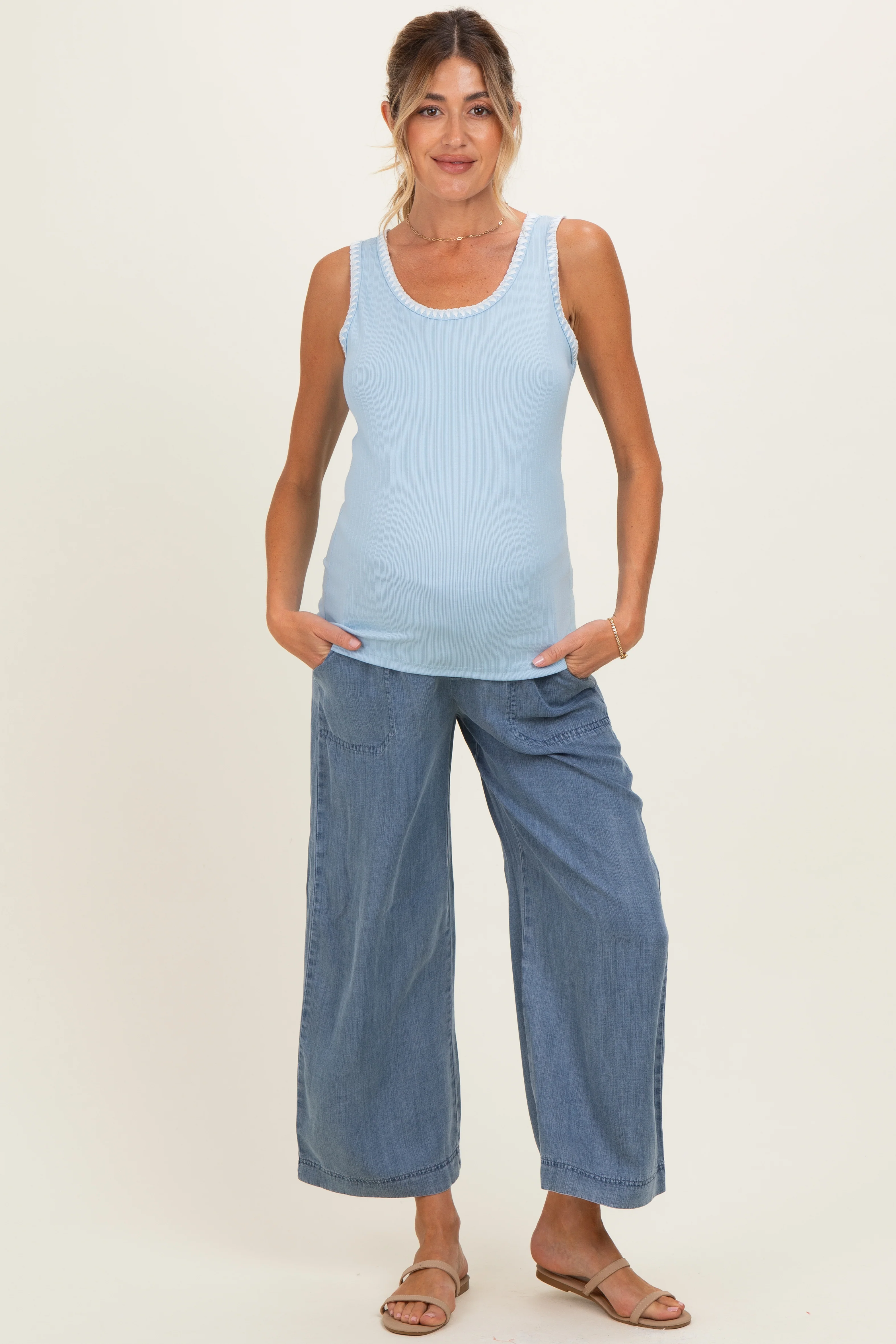 Sky Blue Stitch Detail Maternity Sleeveless Top - Image 3