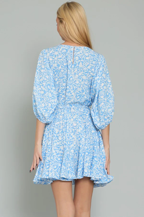 Sky Blue White Dolman Sleeve Braid Belted Ruffle Hem Mini Dress - Image 3