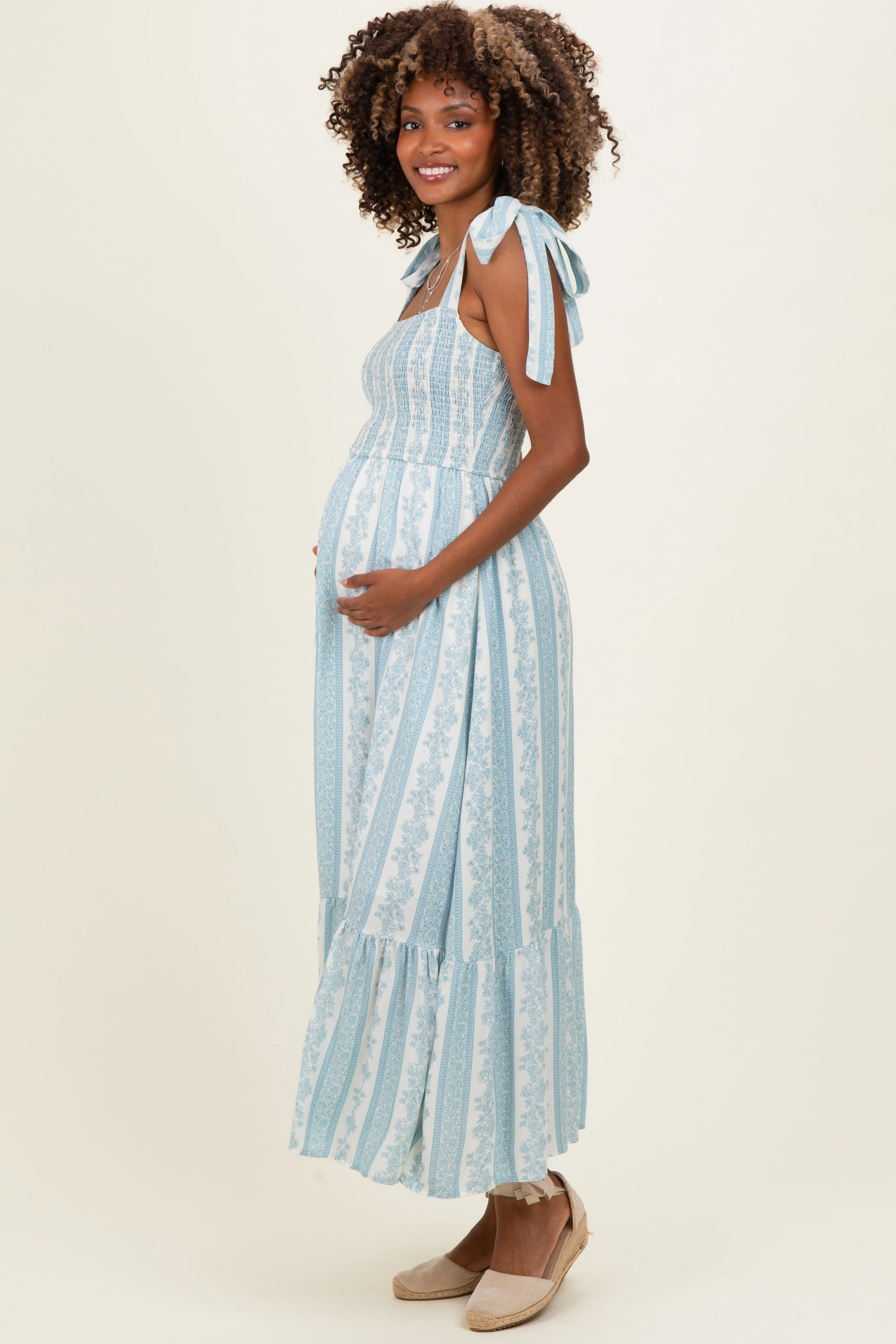 Sky Floral Stripe Smocked Shoulder Tie Maternity Midi Dress - Image 3