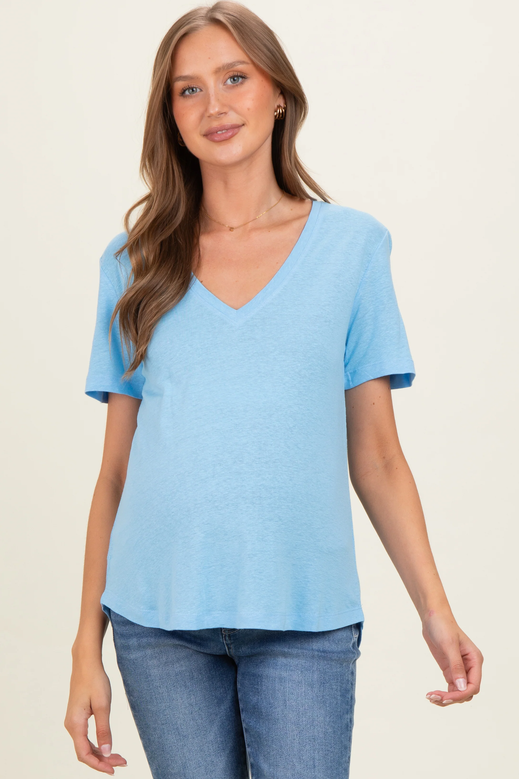 Sky Linen Blend V-Neck Short Sleeve Maternity T-Shirt - Image 2