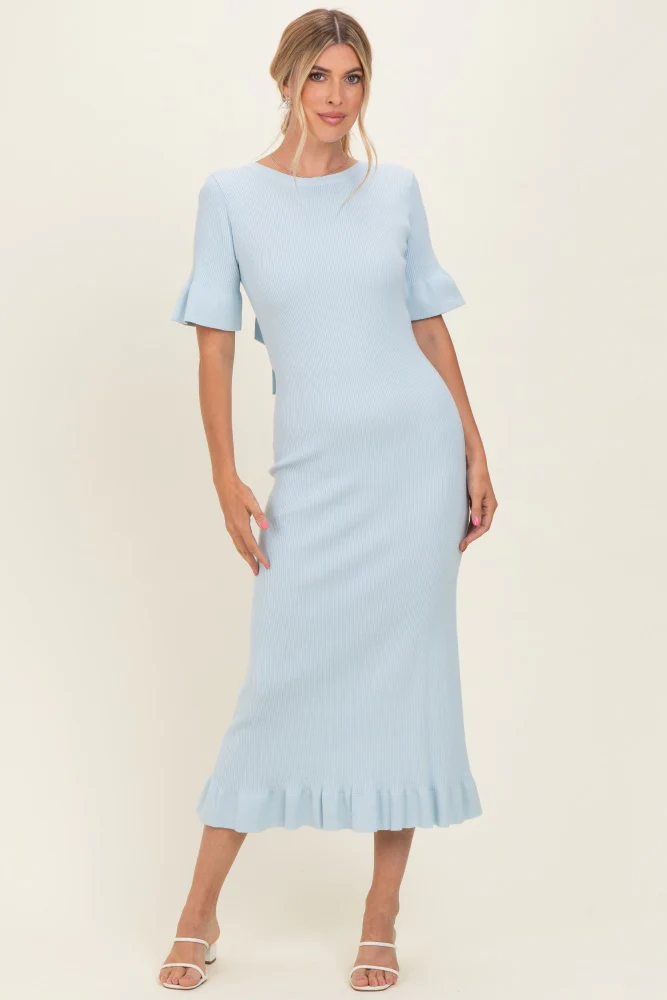 Sky Ribbed Knit Bow Back Ruffle Accent Maternity Dress - Image 4