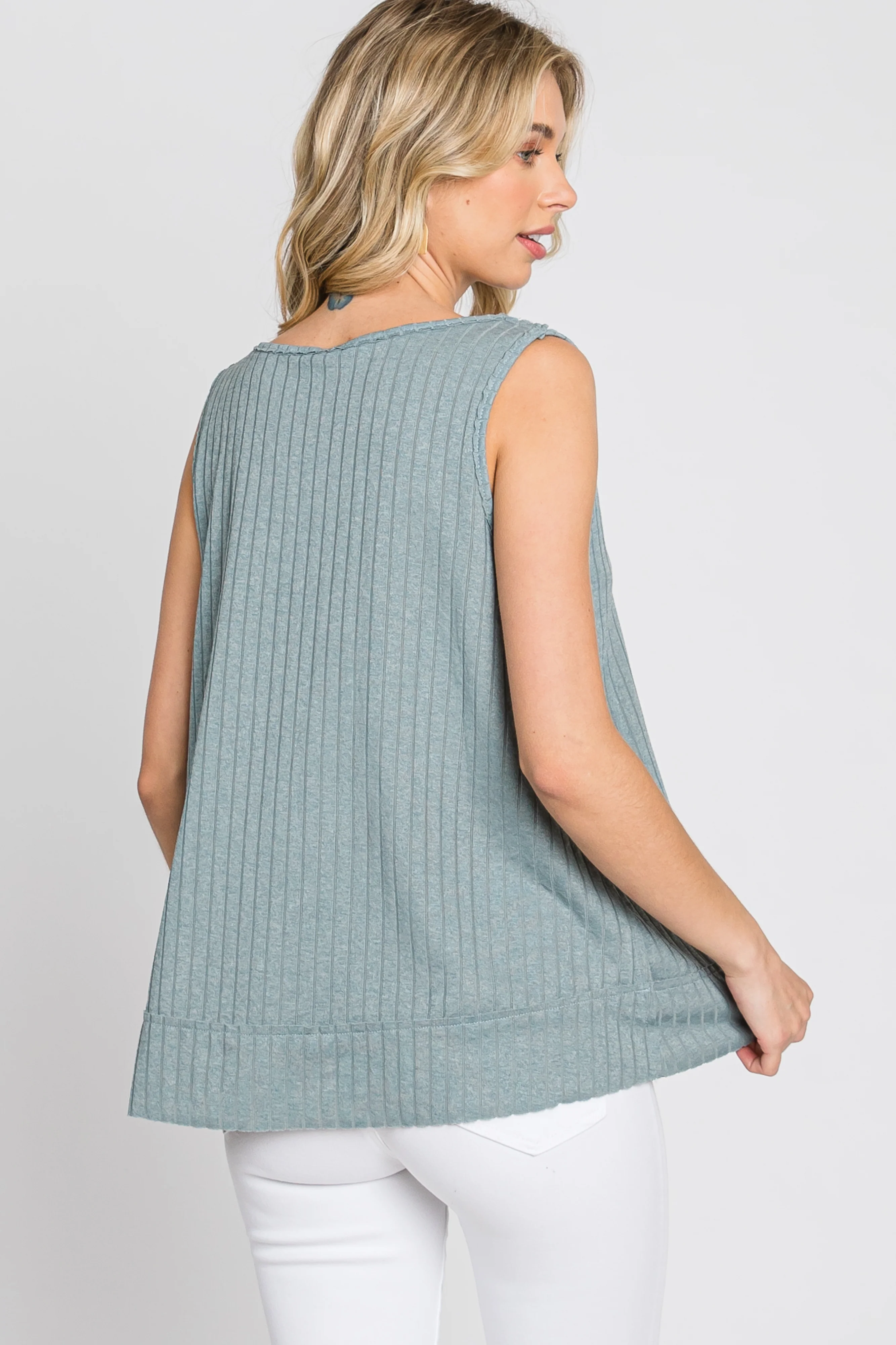 Slate Blue Ribbed Raw Hem Tank Top - Image 8