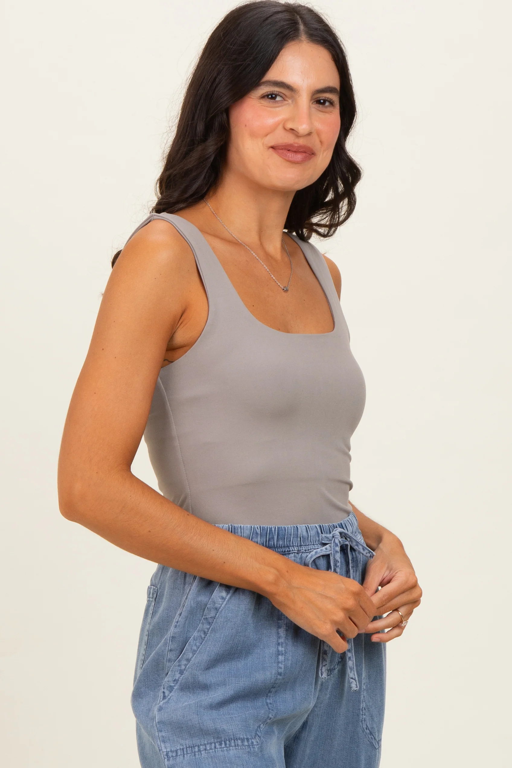 Stone Taupe Square Neckline Active Tank Top - Image 4