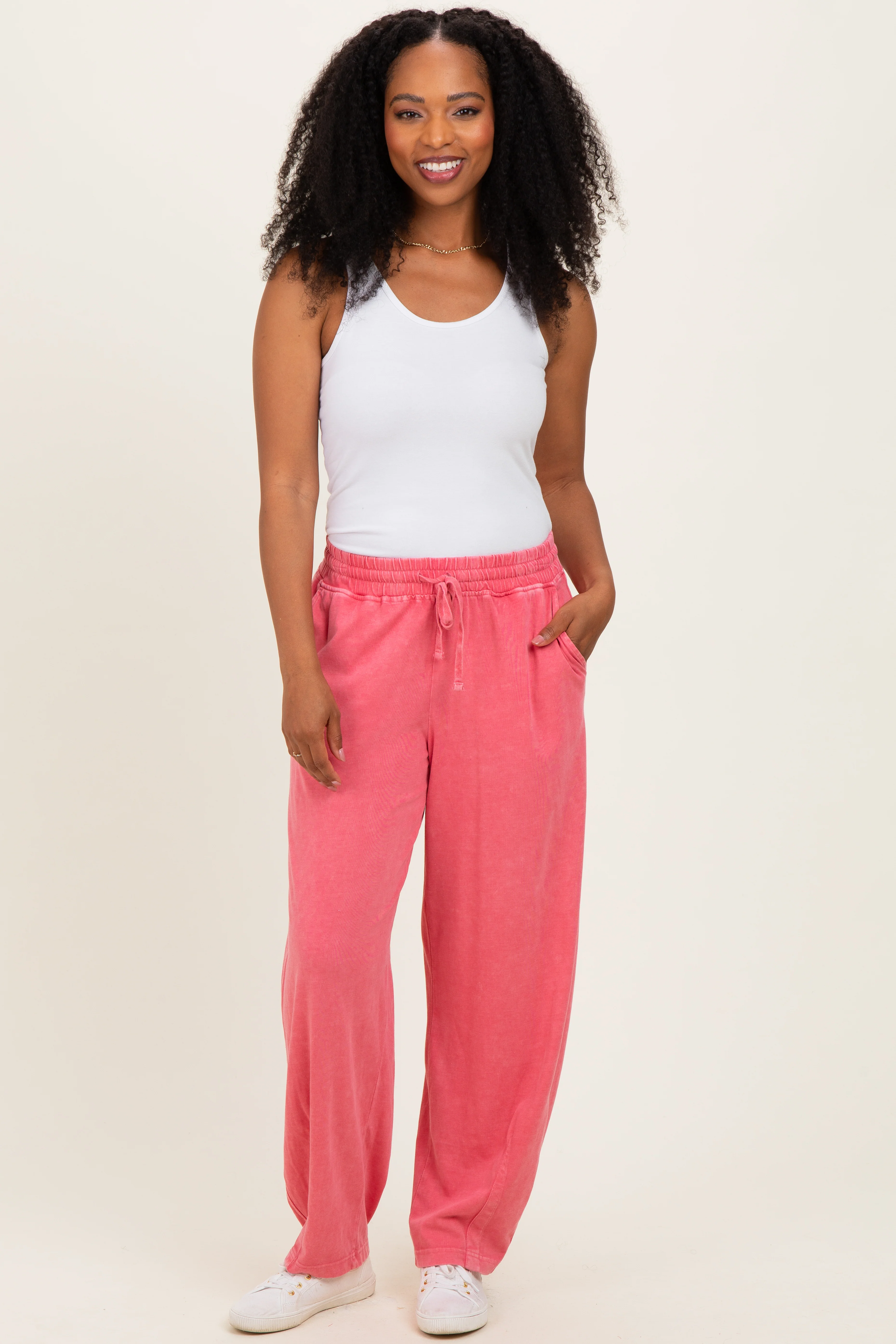 Strawberry Mineral Wash Barrel Leg Maternity Lounge Pants - Image 5
