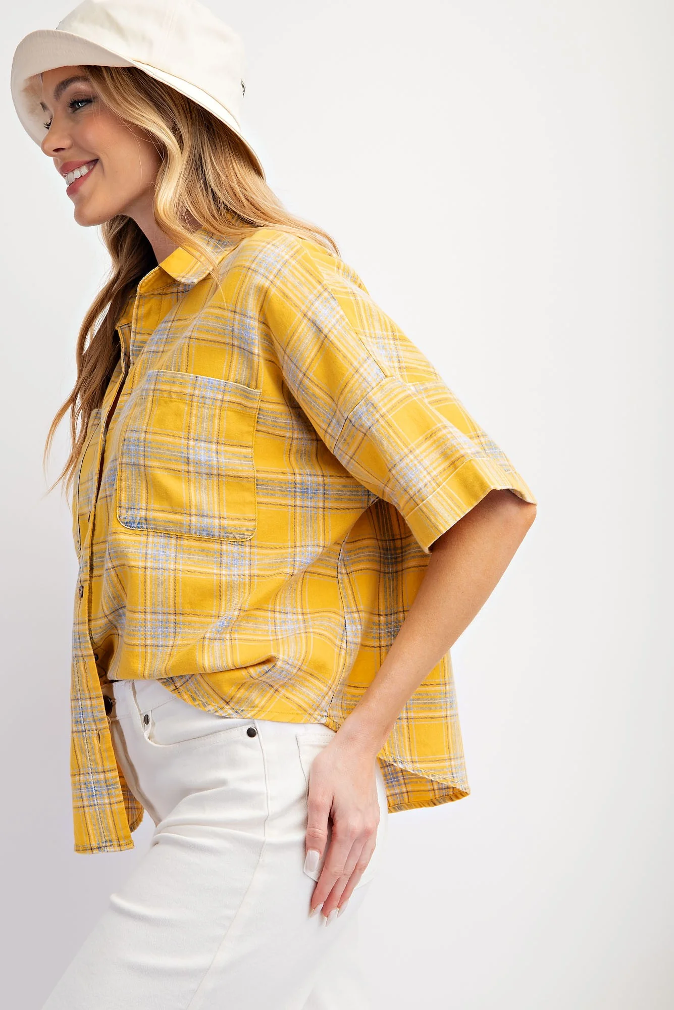 Sunflower Mineral Washed Button Down Plaid Top - Image 3