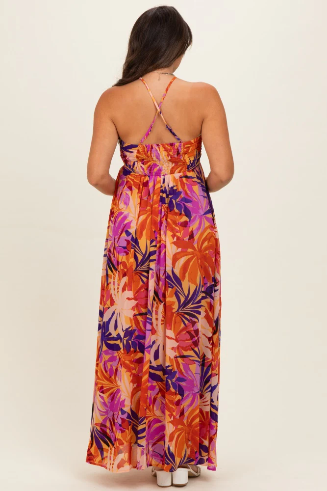 Sunset Tropical Print Halter Maternity Maxi Dress - Image 3