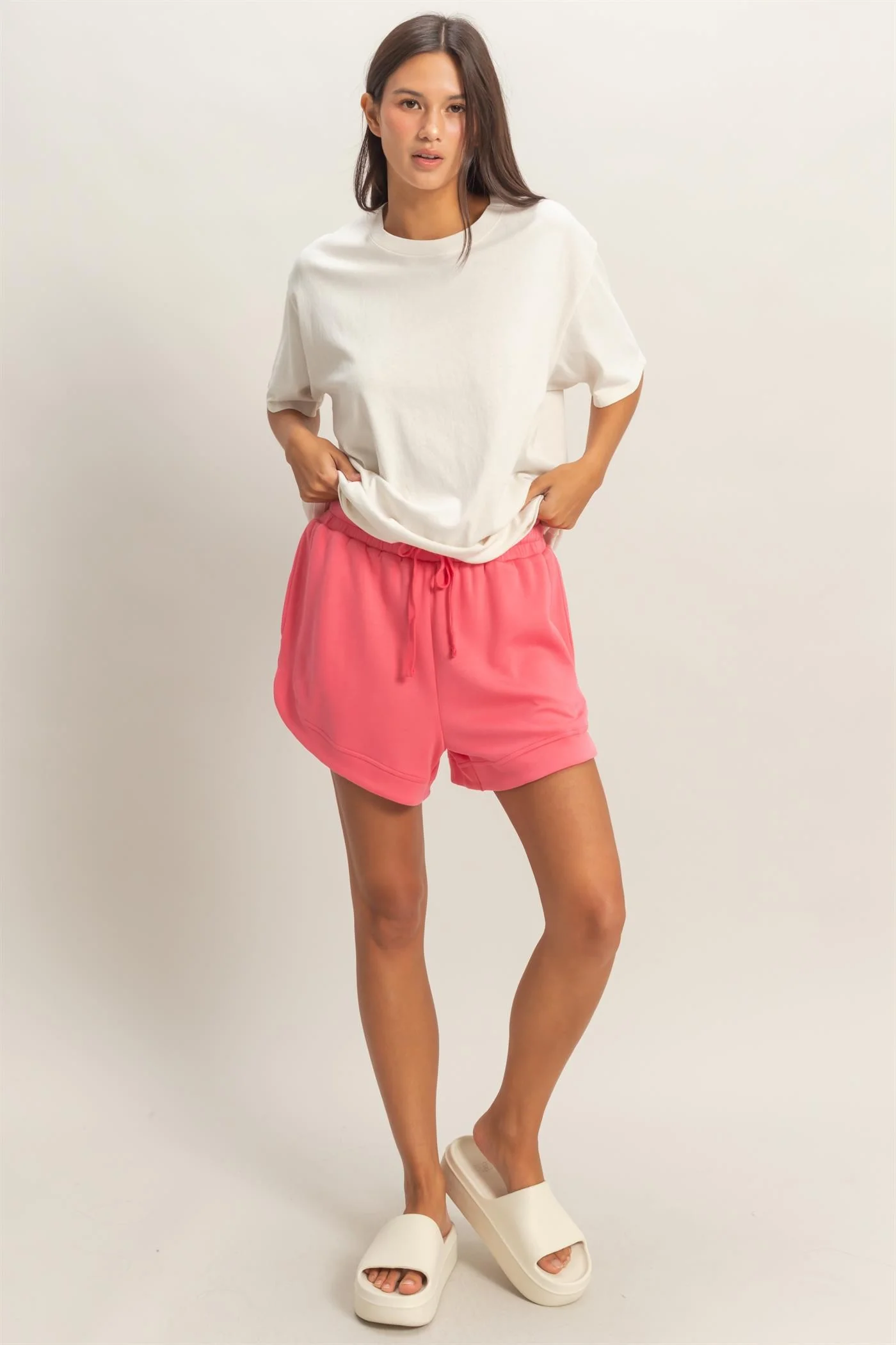Taffy Pink Drawstring Relaxed Fit Maternity Shorts - Image 6