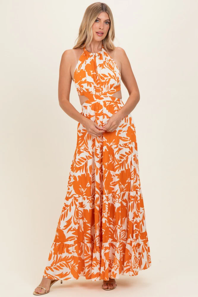 Tangerine Floral Halter Cutout Open Back Maternity Maxi Dresses - Image 3