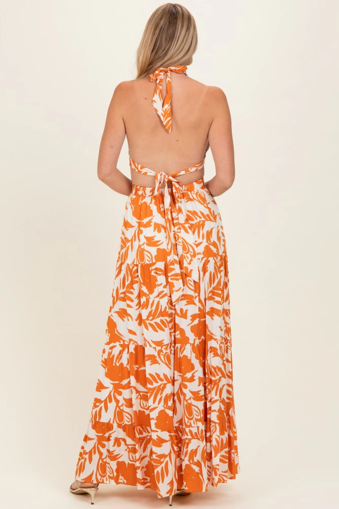 Tangerine Floral Halter Cutout Open Back Maxi Dresses - Image 3