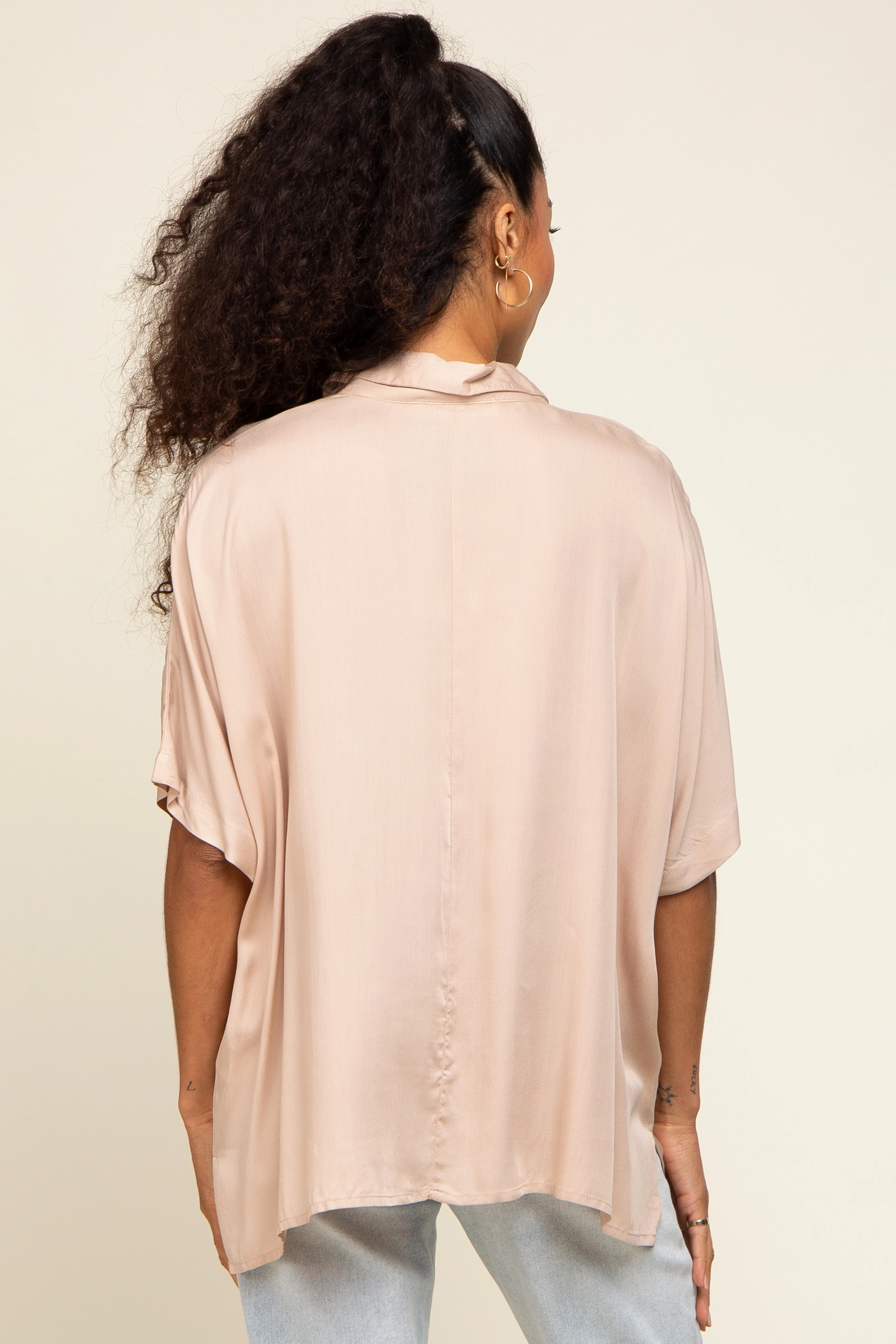 Taupe Button Up Dolman Short Sleeve Top - Image 3